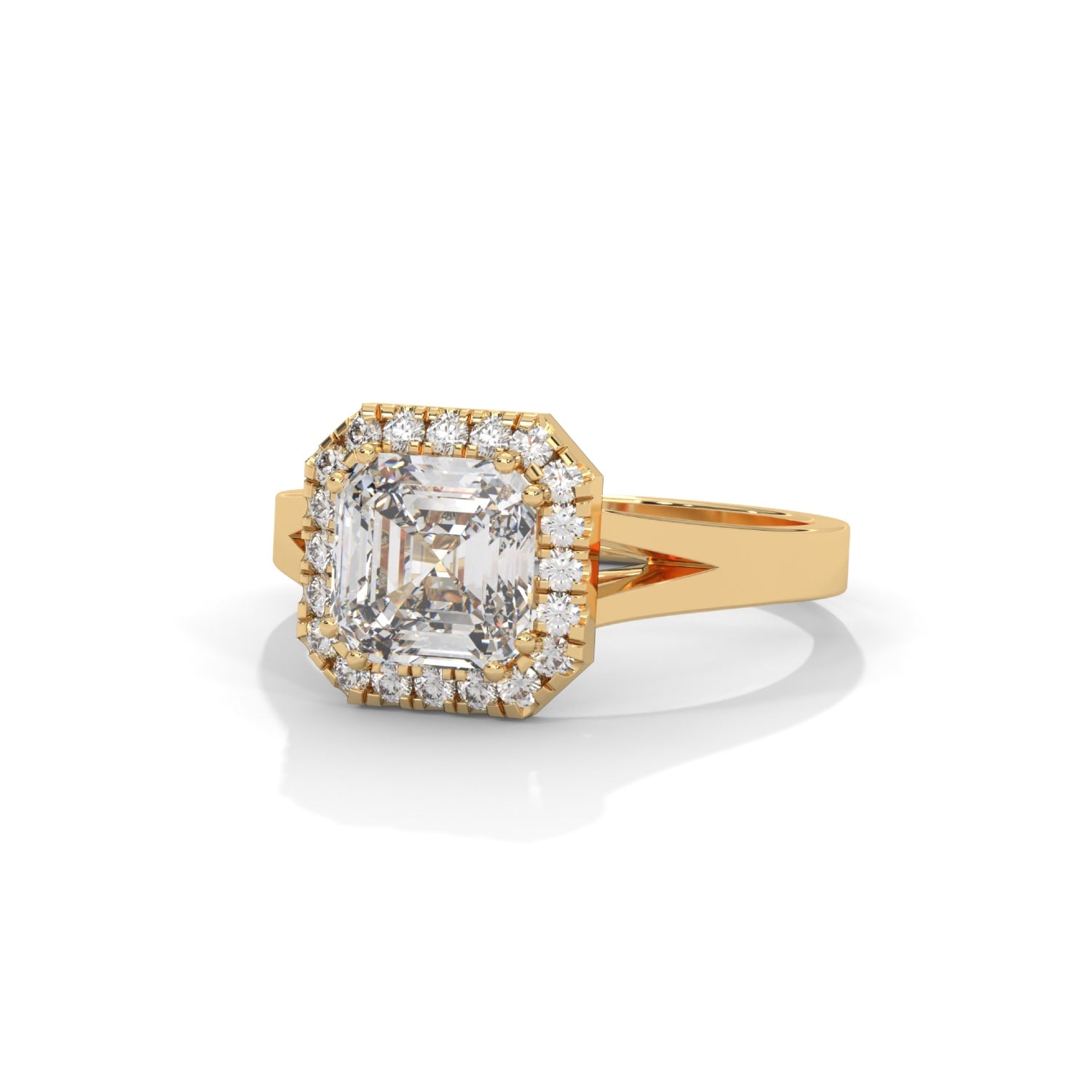 Asscher Cut Lab-Grown Diamond Halo Split Shank Engagement Ring in Yellow Gold