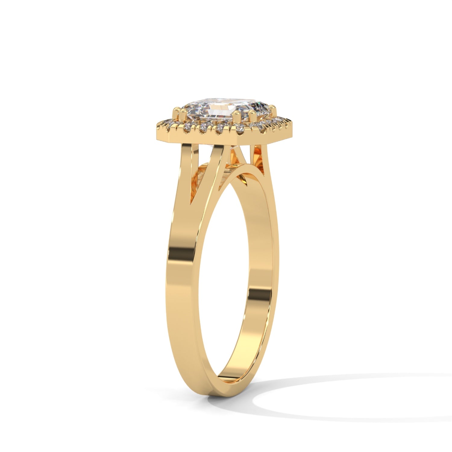 Asscher Cut Lab-Grown Diamond Halo Split Shank Engagement Ring in Yellow Gold