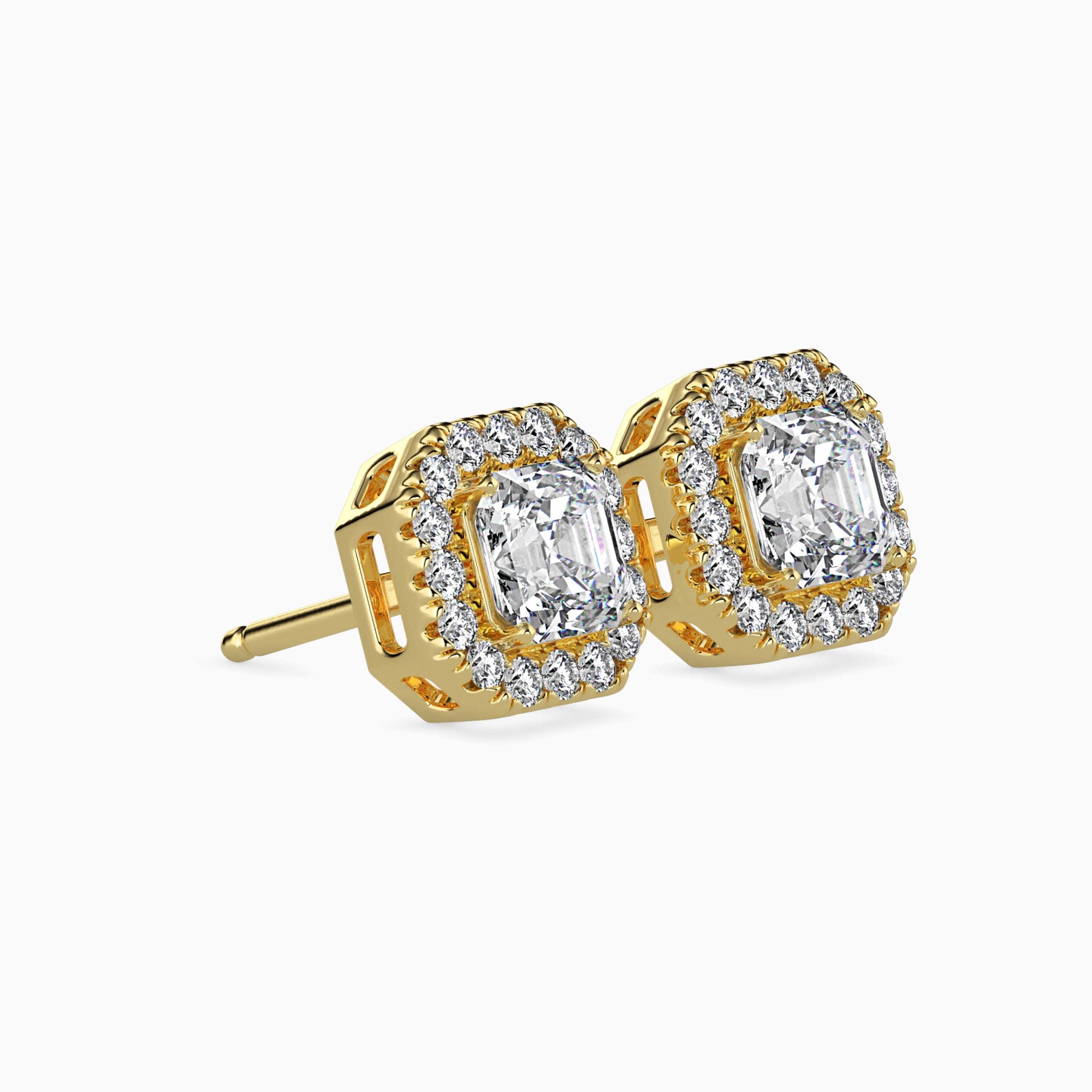 Asscher Cut Lab-Grown Diamond Halo Stud Earrings in Yellow Gold