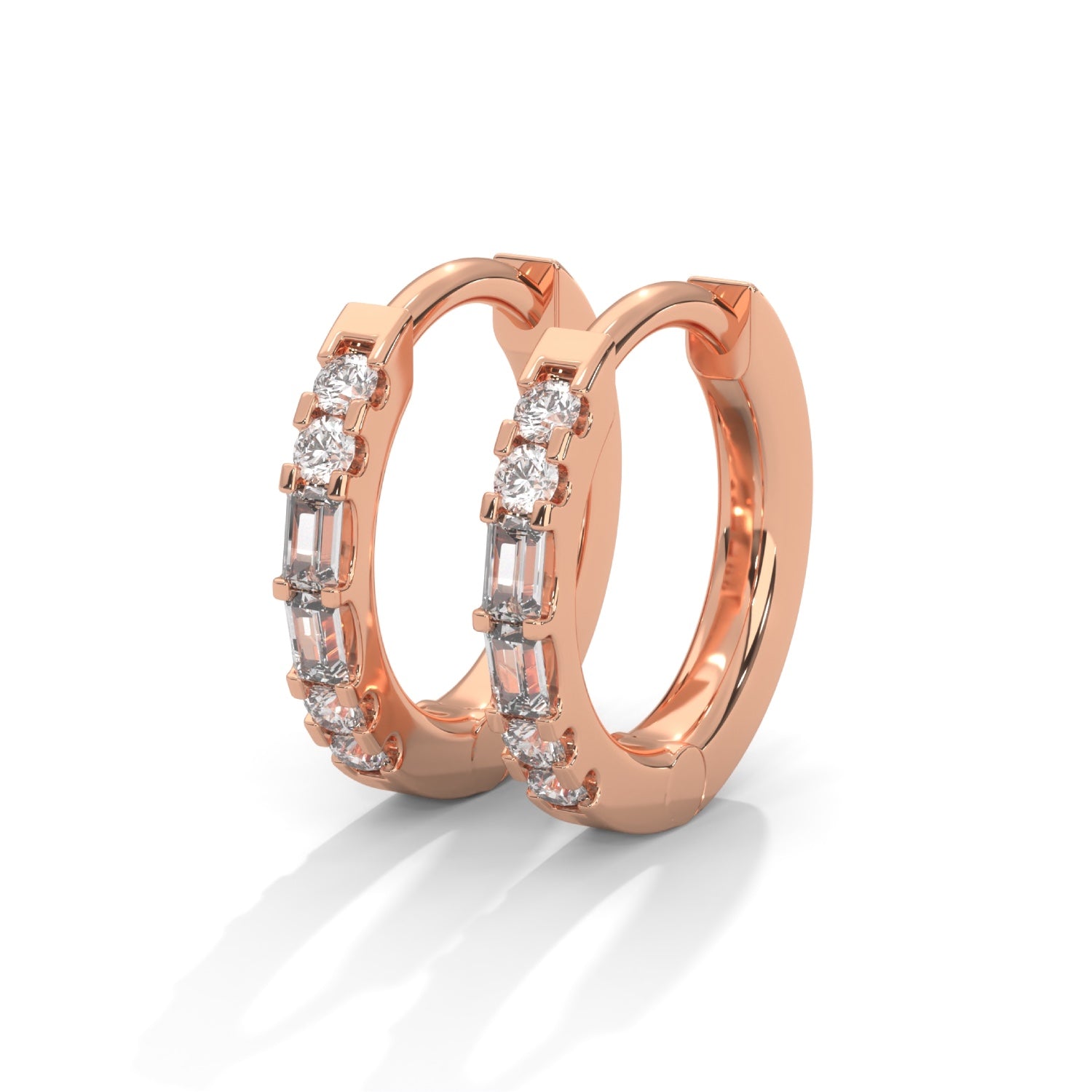 Baguette and Round Brilliant Cut Lab-Grown Diamond Huggie Hoop Earrings in Rose Gold