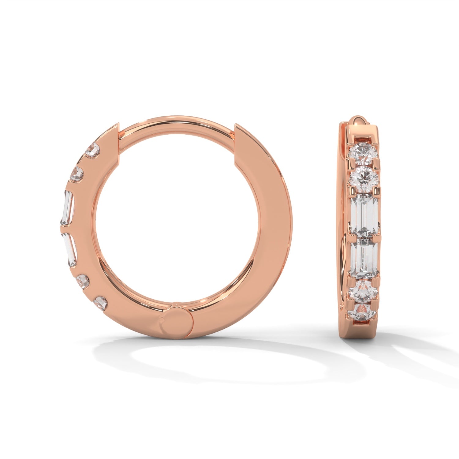 Baguette and Round Brilliant Cut Lab-Grown Diamond Huggie Hoop Earrings in Rose Gold