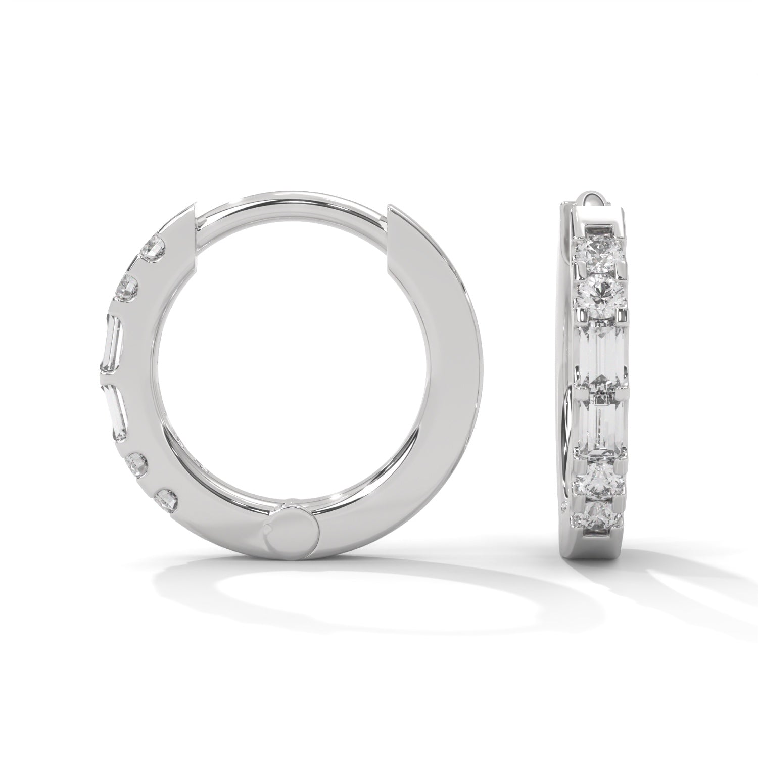 Baguette and Round Brilliant Cut Lab-Grown Diamond Huggie Hoop Earrings in White Gold