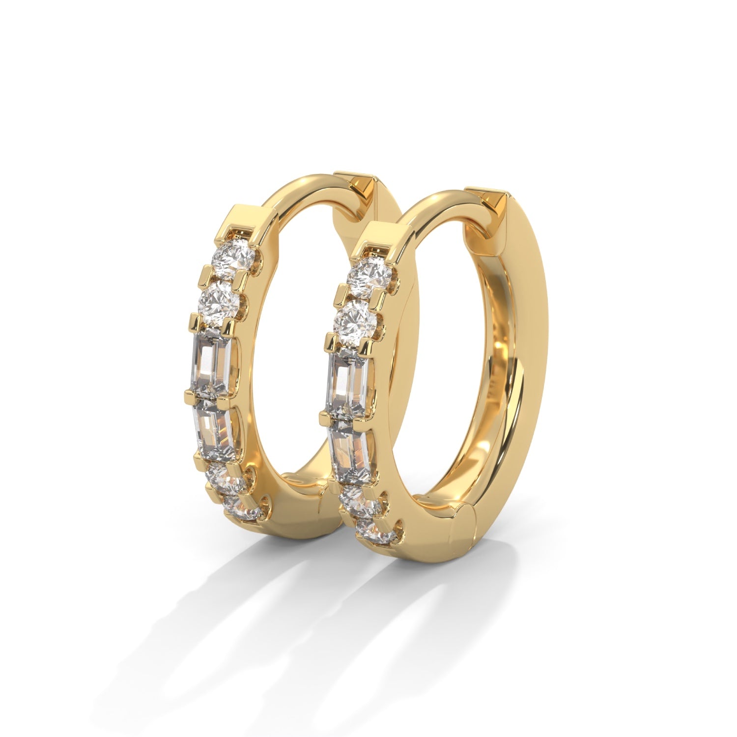 Baguette and Round Brilliant Cut Lab-Grown Diamond Huggie Hoop Earrings in Yellow Gold