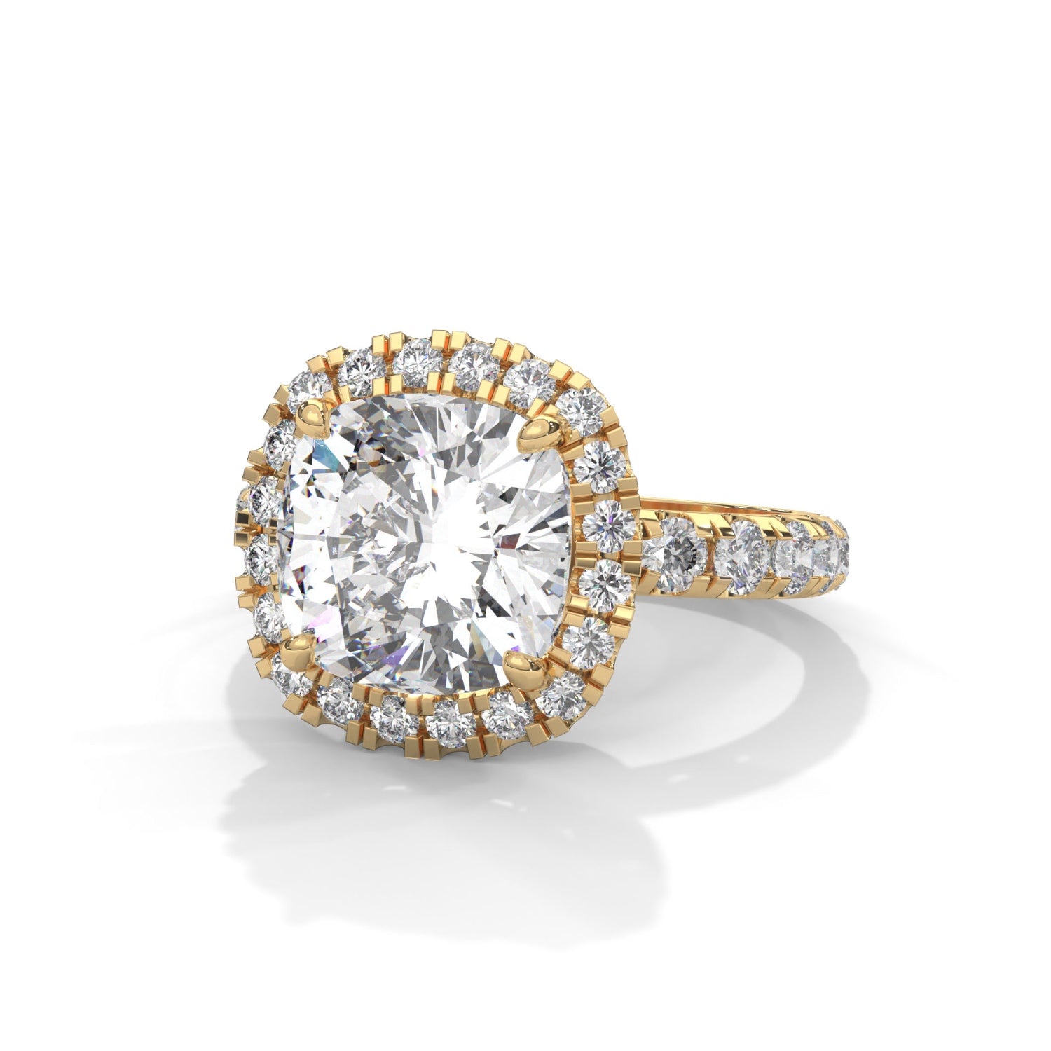 Cushion Cut Lab-Grown Diamond Halo Pavé Engagement Ring in Yellow Gold