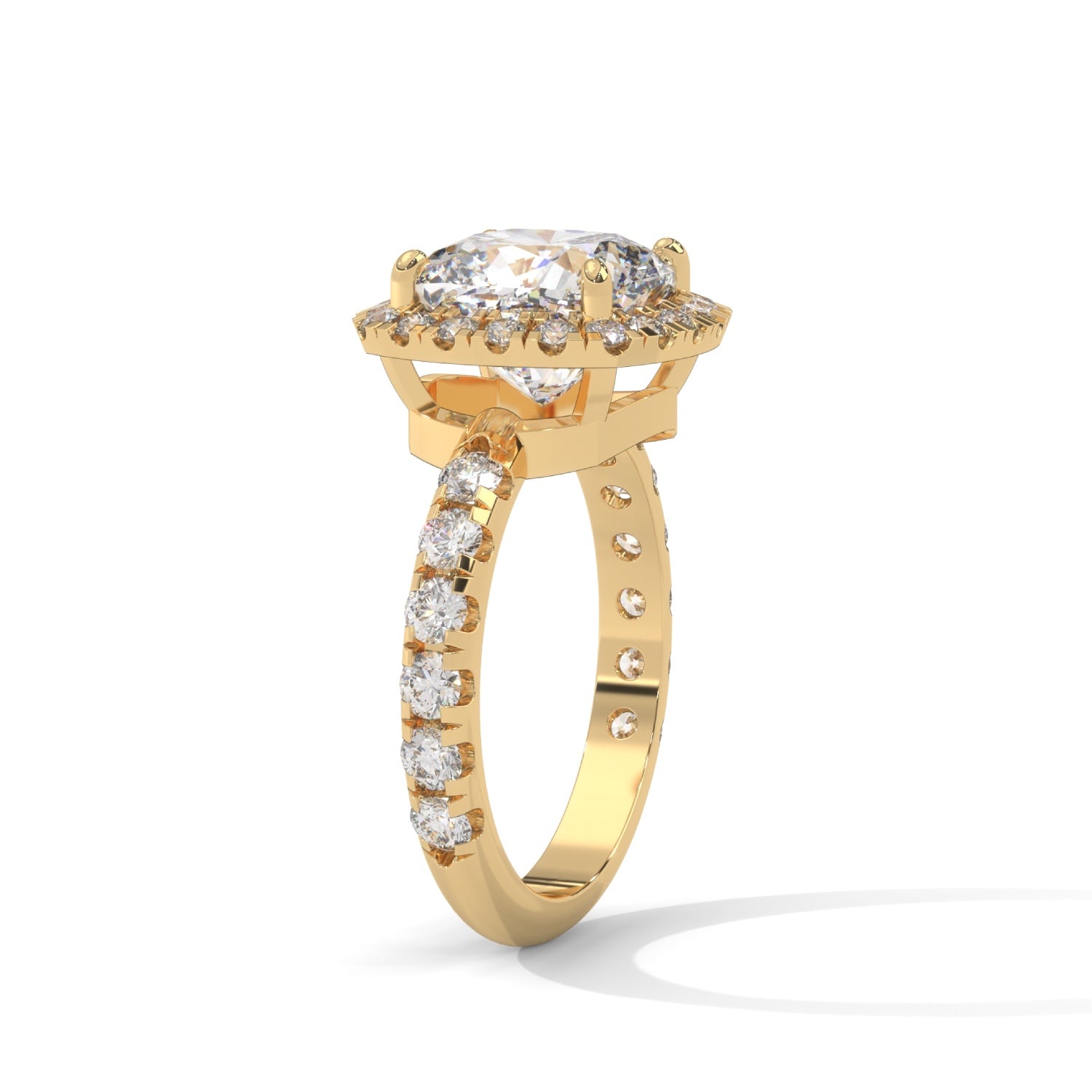 Cushion Cut Lab-Grown Diamond Halo Pavé Engagement Ring in Yellow Gold