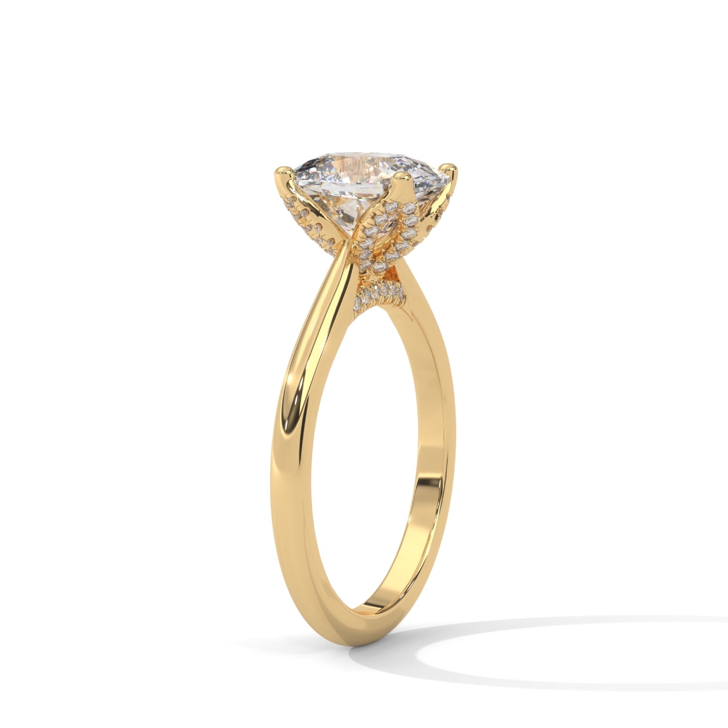 Cushion Cut Lab-Grown Diamond Petal Prong Pavé Engagement Ring in Yellow Gold