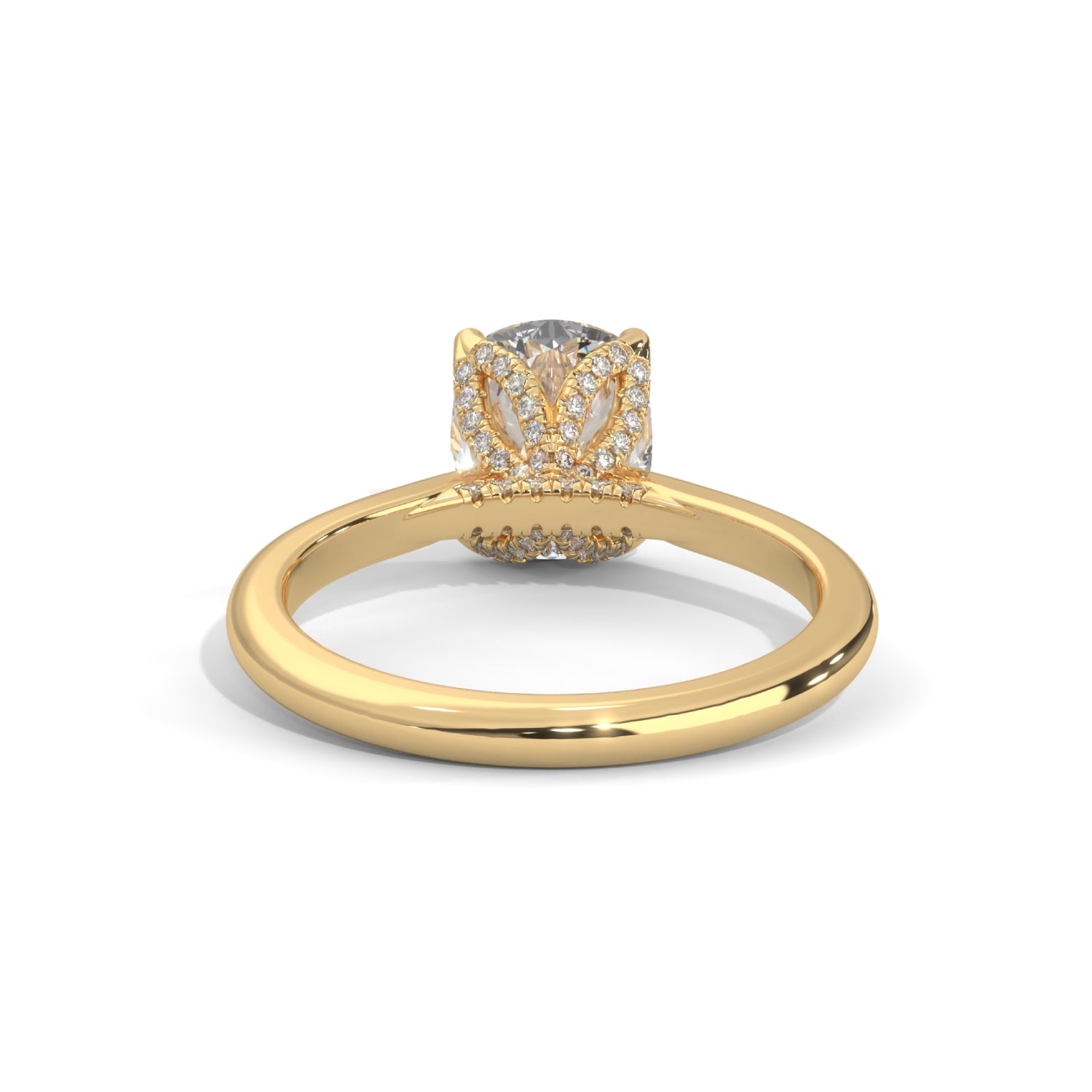 Cushion Cut Lab-Grown Diamond Petal Prong Pavé Engagement Ring in Yellow Gold
