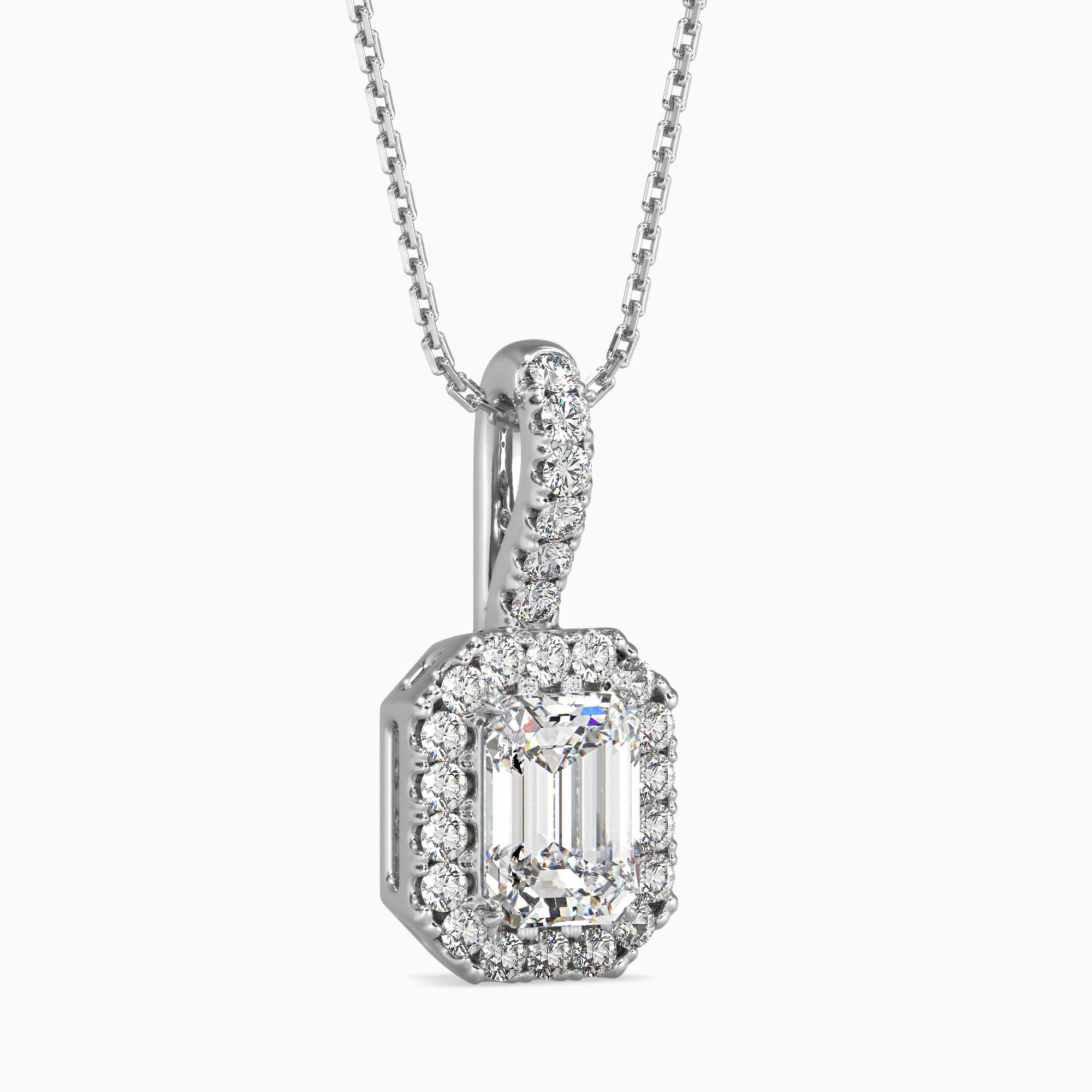 Emerald Cut Lab-Grown Diamond Halo Pendant in White Gold