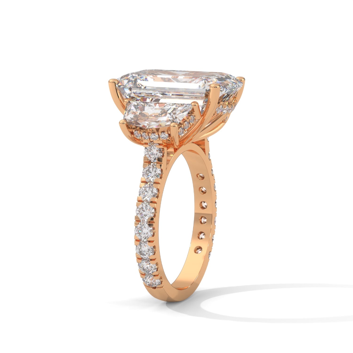 Emerald and Cadillac Cut Lab-Grown Diamond Three-Stone Pavé Engagement Ring in Rose Gold