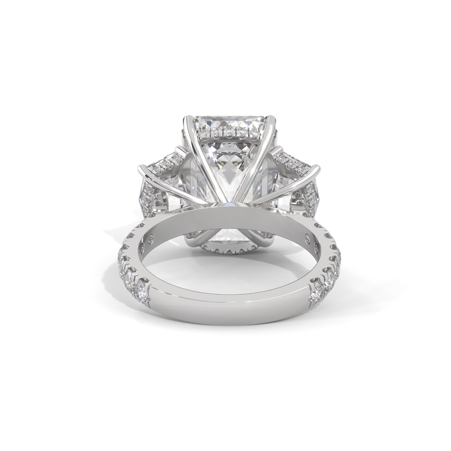 Emerald and Cadillac Cut Lab-Grown Diamond Three-Stone Pavé Engagement Ring in White Gold