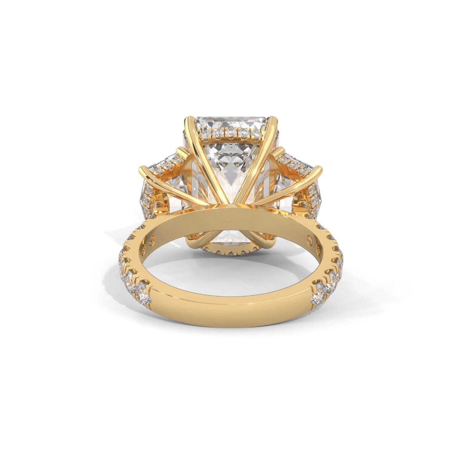 Emerald and Cadillac Cut Lab-Grown Diamond Three-Stone Pavé Engagement Ring in Yellow Gold