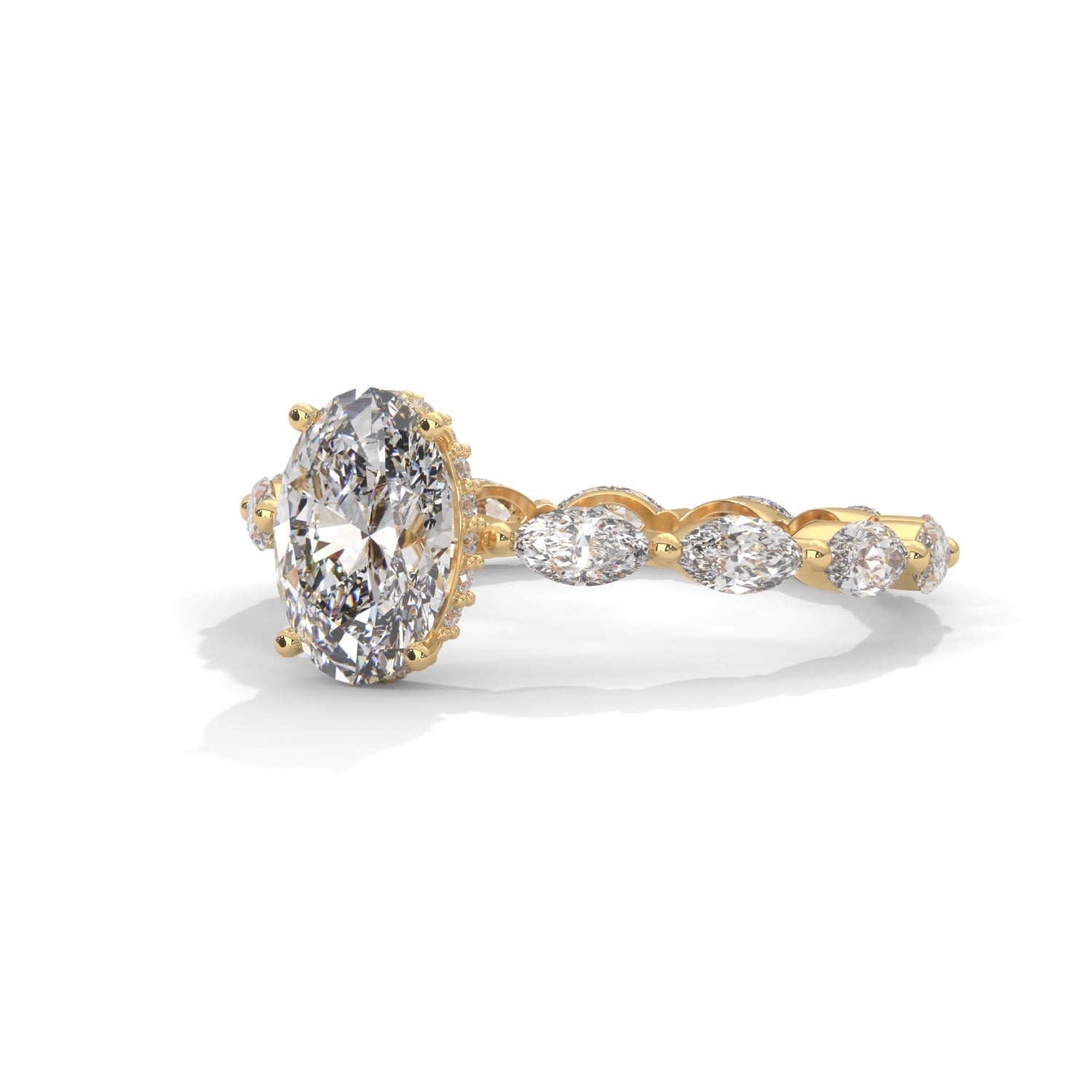 Oval-Shaped Lab-Grown Diamond Hidden Halo Scalloped Engagement Ring in Yellow Gold