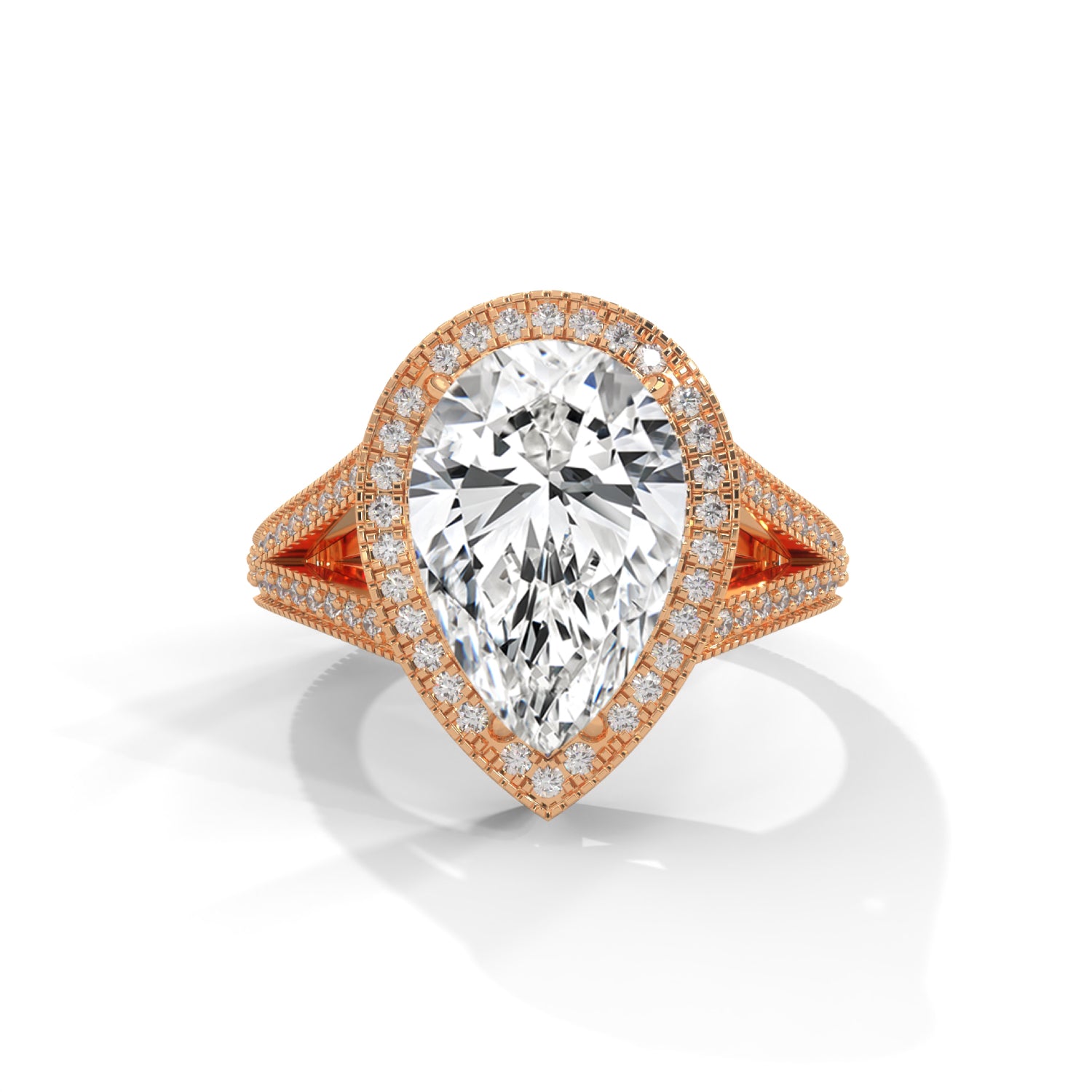 Pear-Shaped Lab-Grown Diamond Halo Split Shank Engagement Ring in Rose Gold
