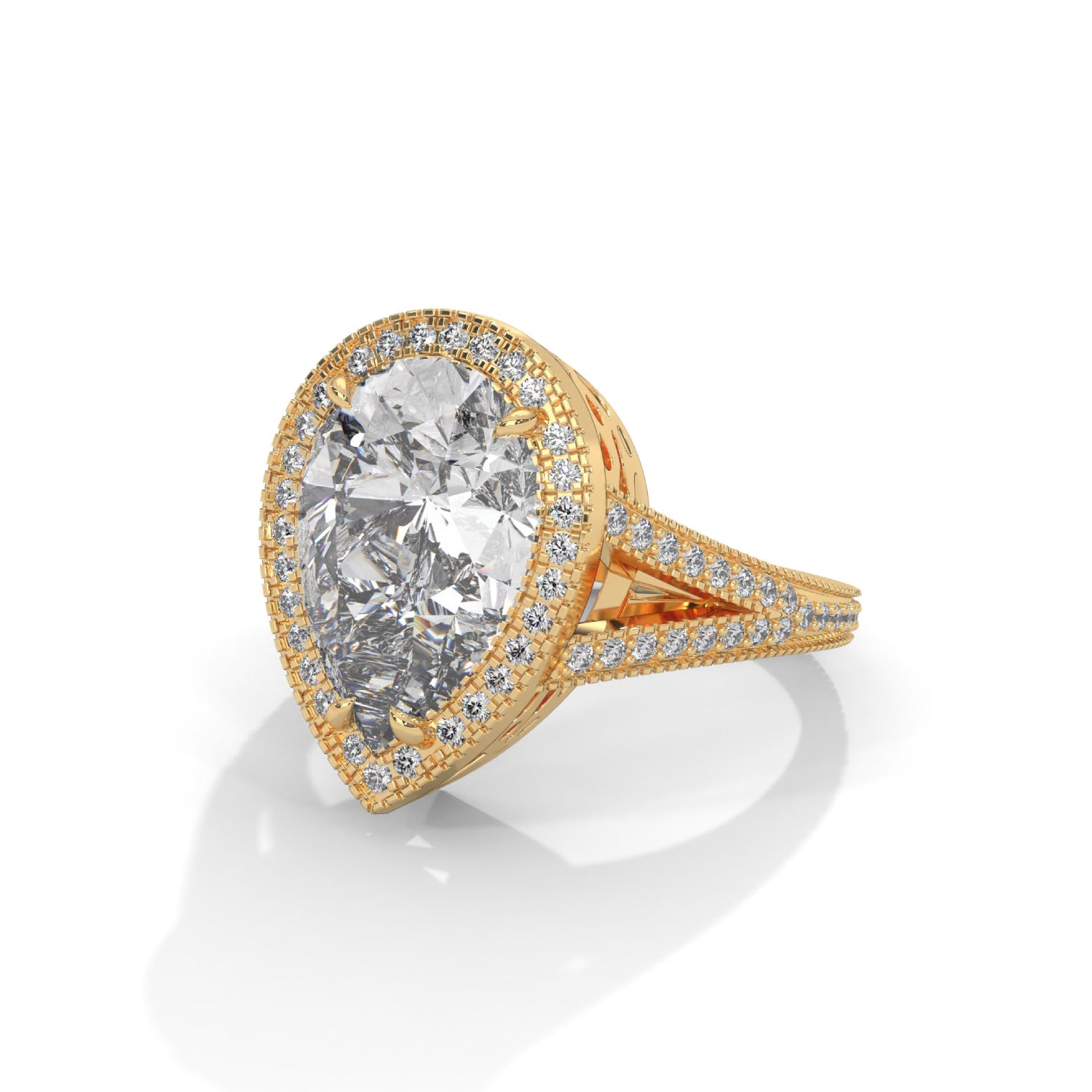 Pear-Shaped Lab-Grown Diamond Halo Split Shank Engagement Ring in Yellow Gold