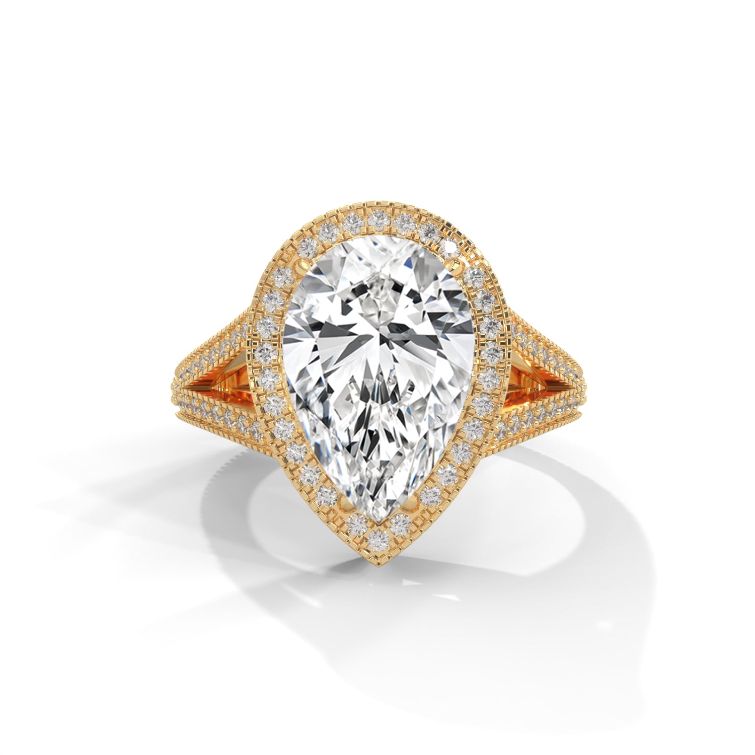 Pear-Shaped Lab-Grown Diamond Halo Split Shank Engagement Ring in Yellow Gold