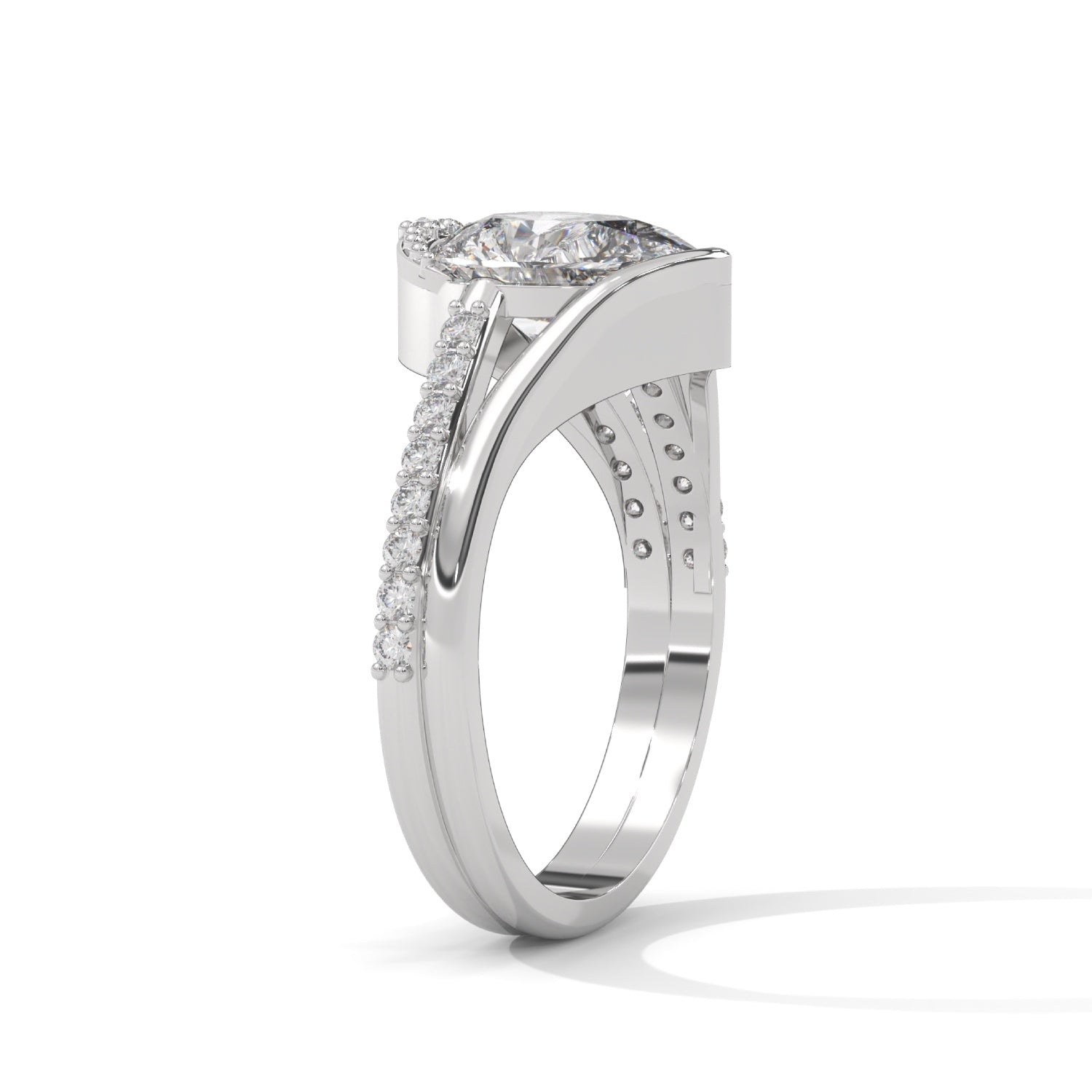 Pear-Shaped Lab-Grown Diamond Split Shank Pavé Engagement Ring in White Gold