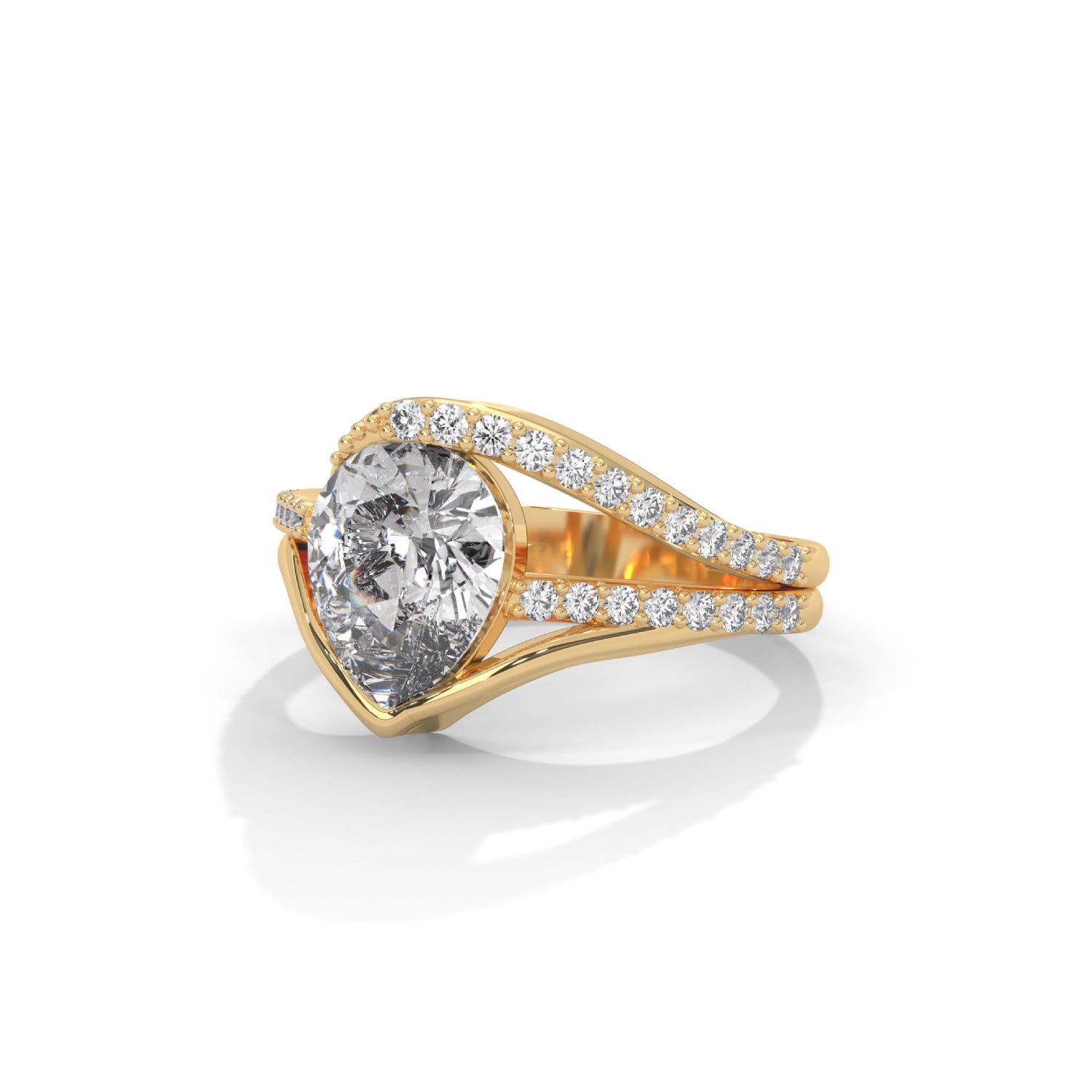 Pear-Shaped Lab-Grown Diamond Split Shank Pavé Engagement Ring in Yellow Gold