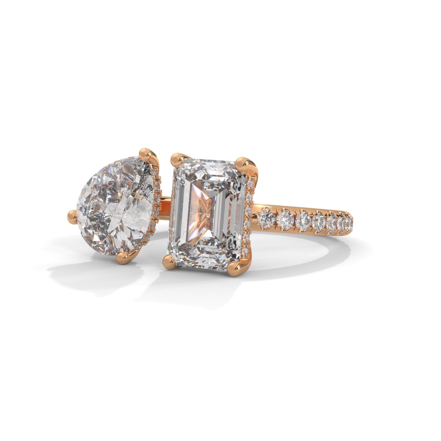 Pear and Emerald Cut Lab-Grown Diamond Toi et Moi Pavé Engagement Ring in Rose Gold