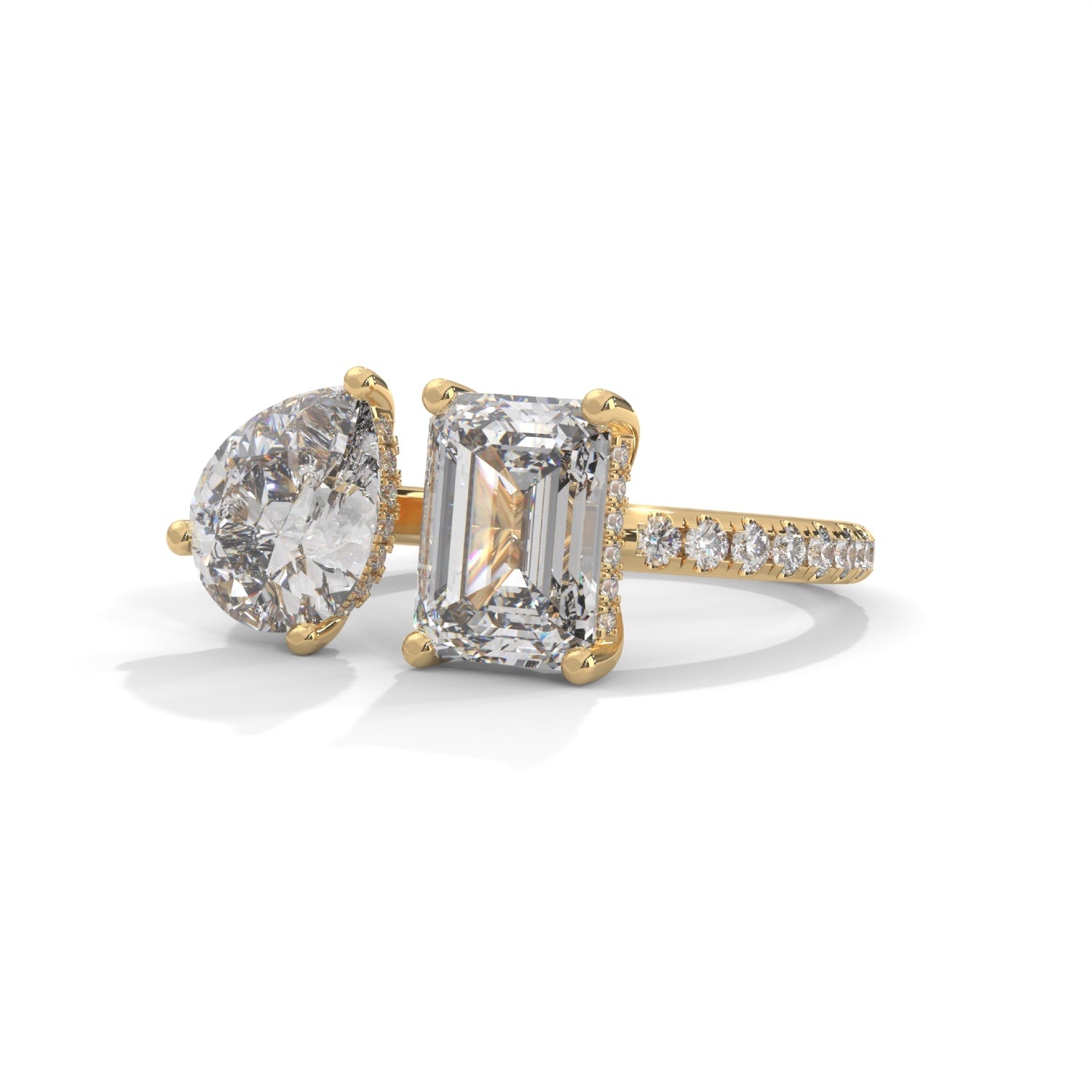 Pear and Emerald Cut Lab-Grown Diamond Toi et Moi Pavé Engagement Ring in Yellow Gold