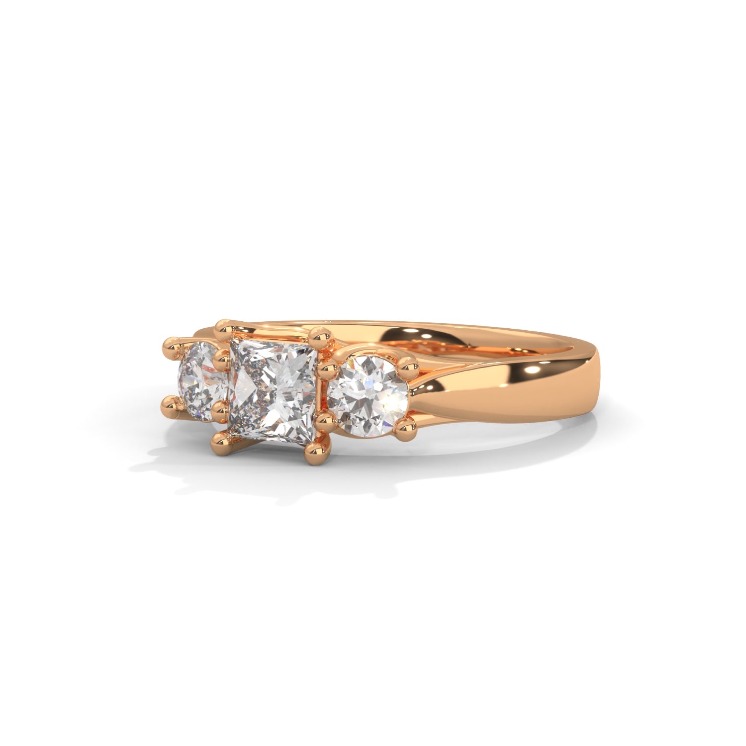 Princess and Round Brilliant Cut Lab-Grown Diamond Three-Stone Engagement Ring in Rose Gold