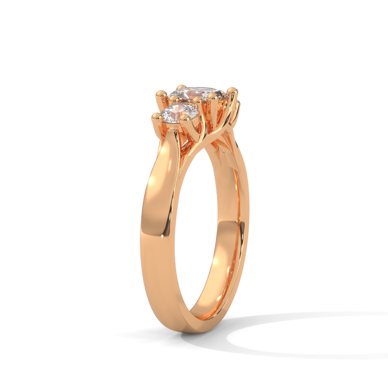 Princess and Round Brilliant Cut Lab-Grown Diamond Three-Stone Engagement Ring in Rose Gold