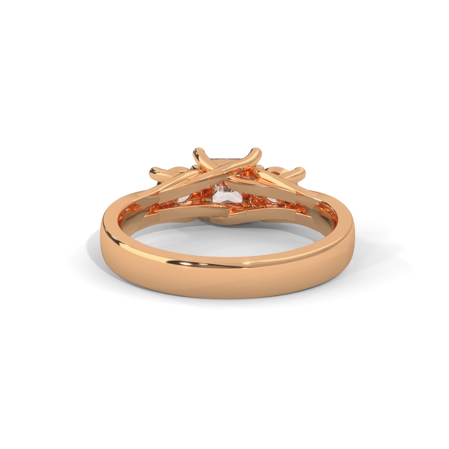 Princess and Round Brilliant Cut Lab-Grown Diamond Three-Stone Engagement Ring in Rose Gold
