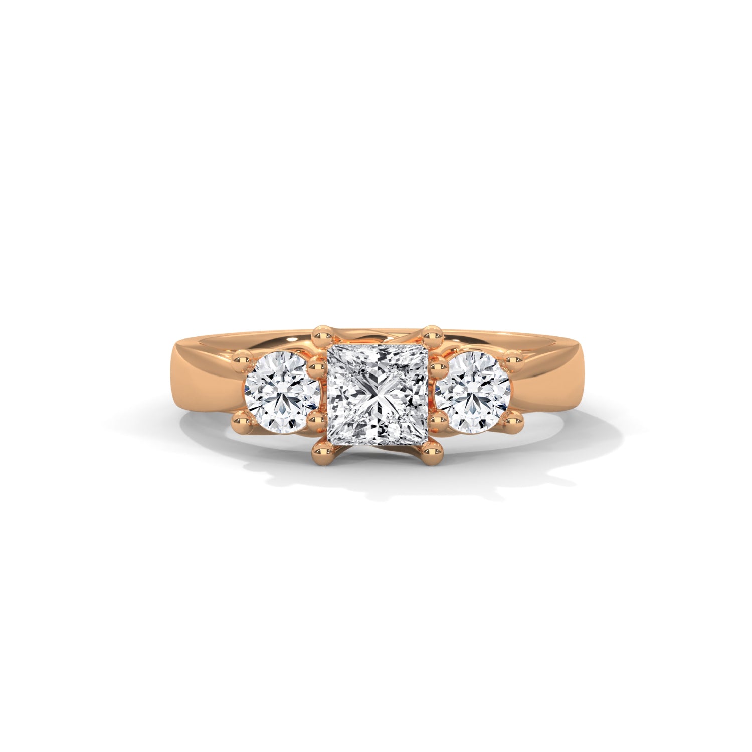 Princess and Round Brilliant Cut Lab-Grown Diamond Three-Stone Engagement Ring in Rose Gold