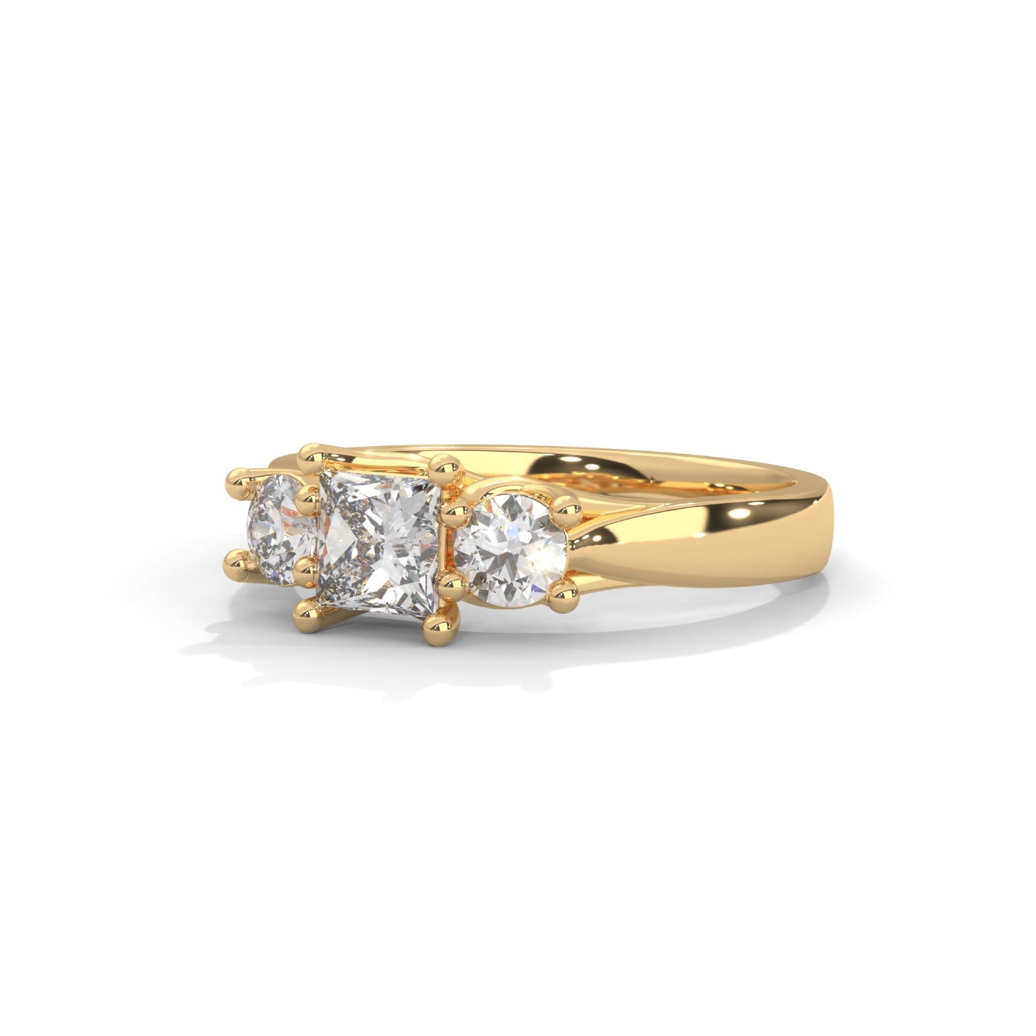 Princess and Round Brilliant Cut Lab-Grown Diamond Three-Stone Engagement Ring in Yellow Gold