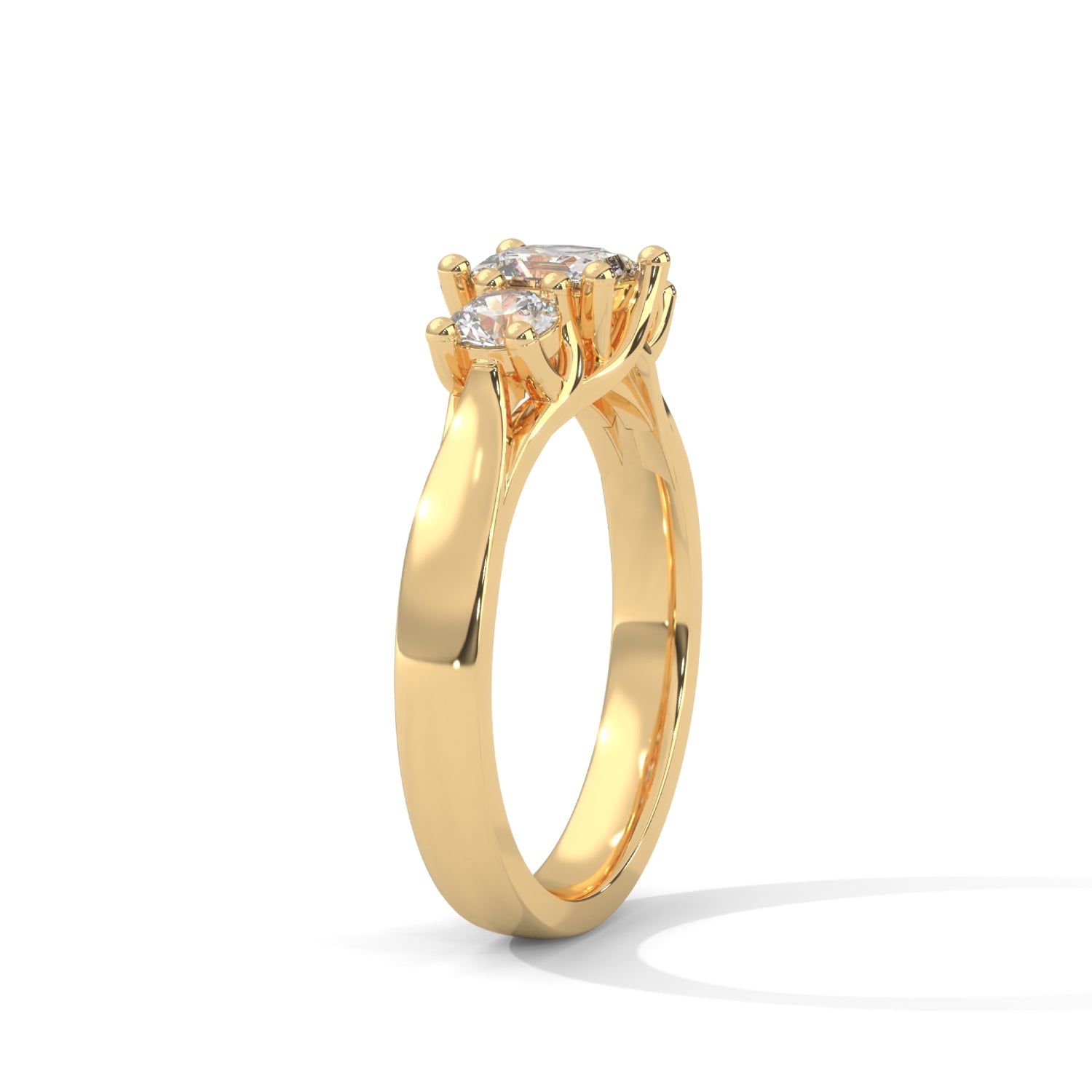 Princess and Round Brilliant Cut Lab-Grown Diamond Three-Stone Engagement Ring in Yellow Gold