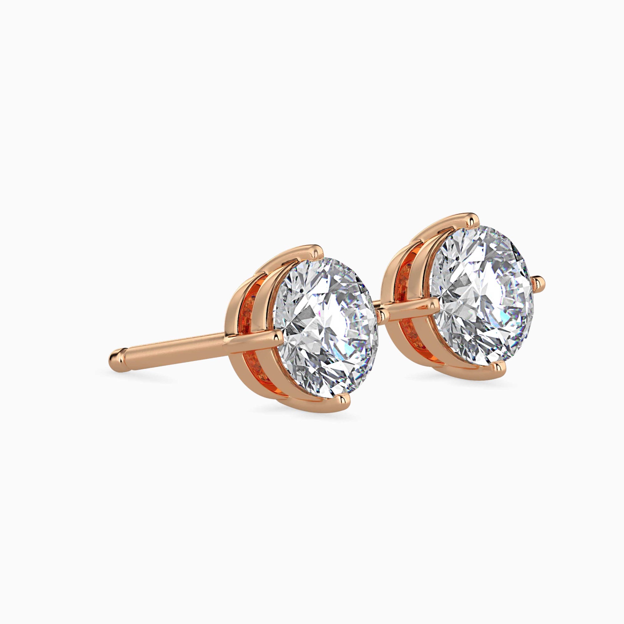 Round Brilliant Cut Lab-Grown Diamond Basket Stud Earrings in Rose Gold Side View