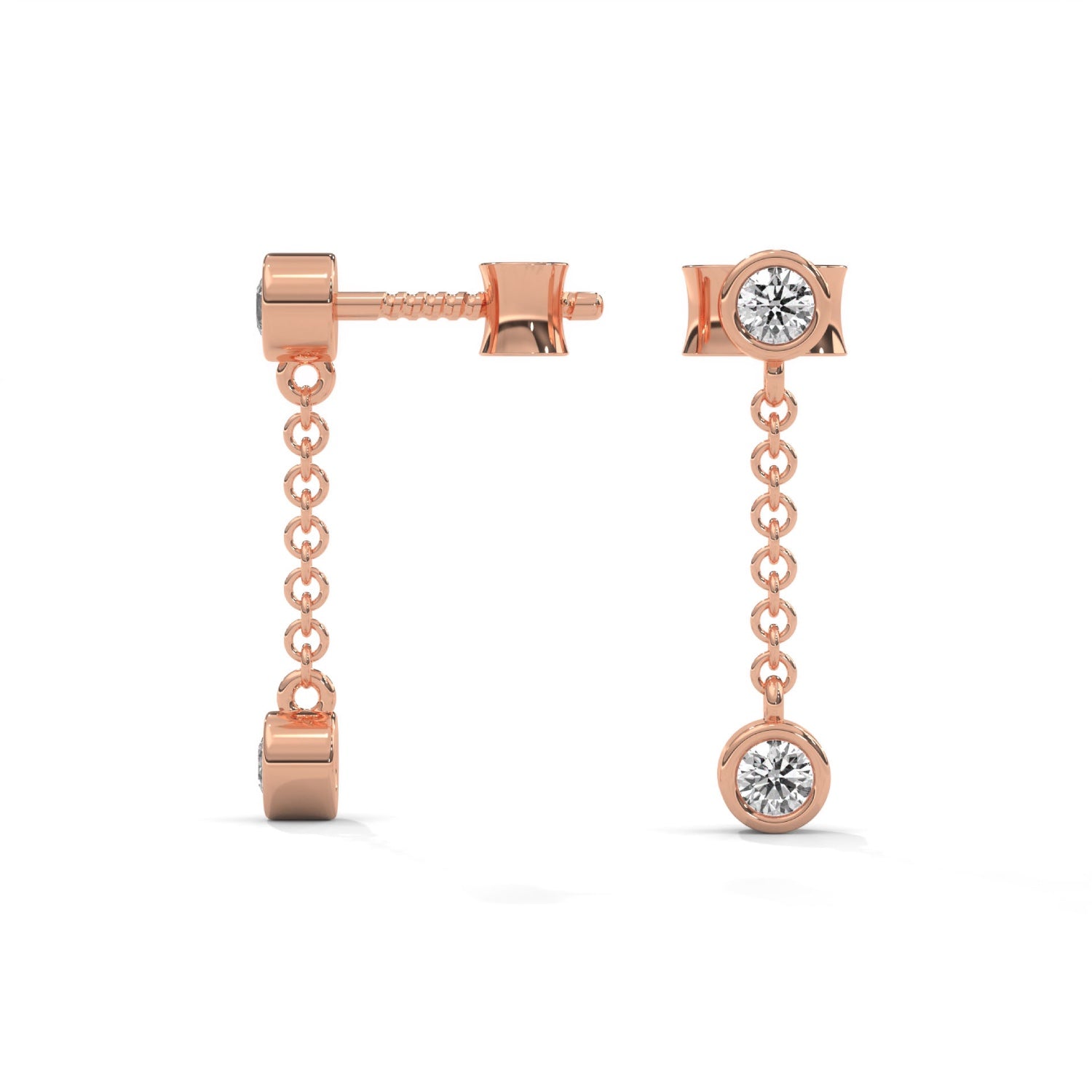 Round Brilliant Cut Lab-Grown Diamond Bezel Drop Chain Earrings in Rose Gold