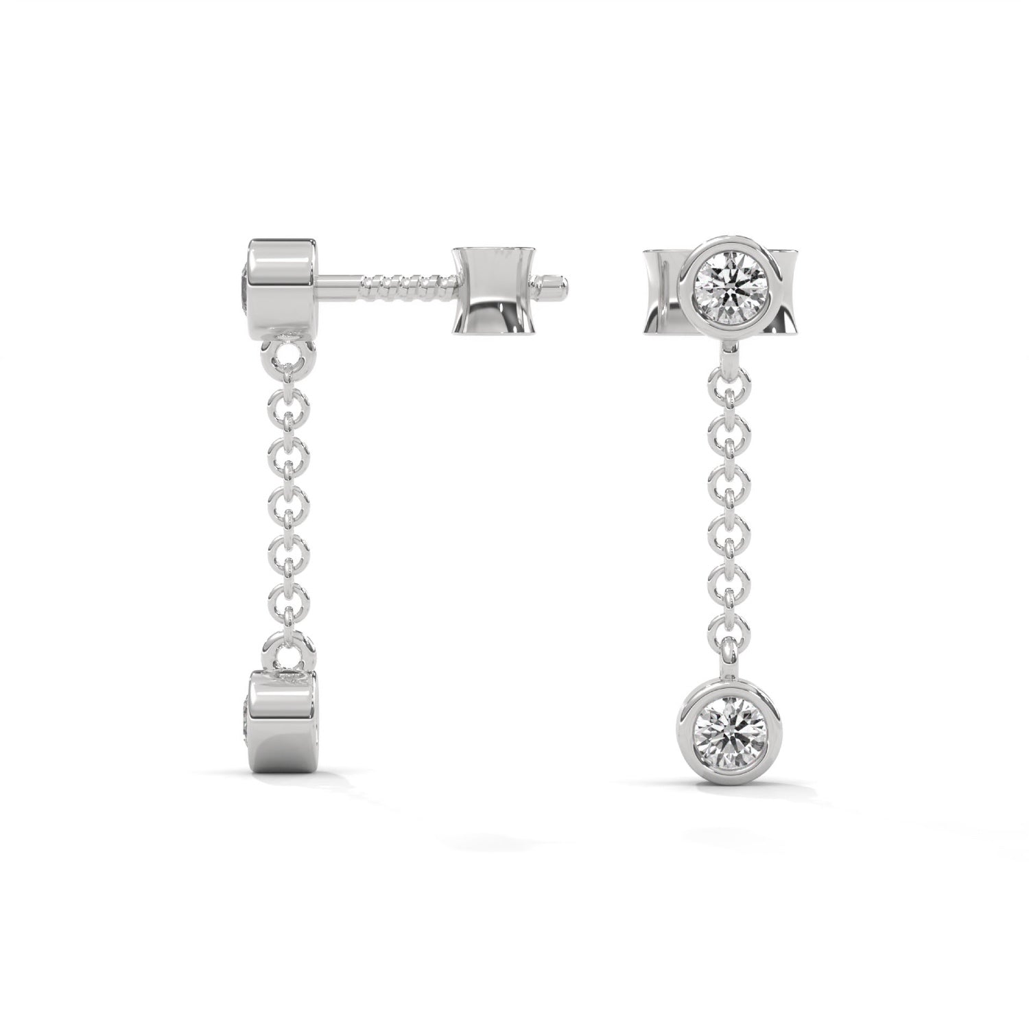 Round Brilliant Cut Lab-Grown Diamond Bezel Drop Chain Earrings in White Gold