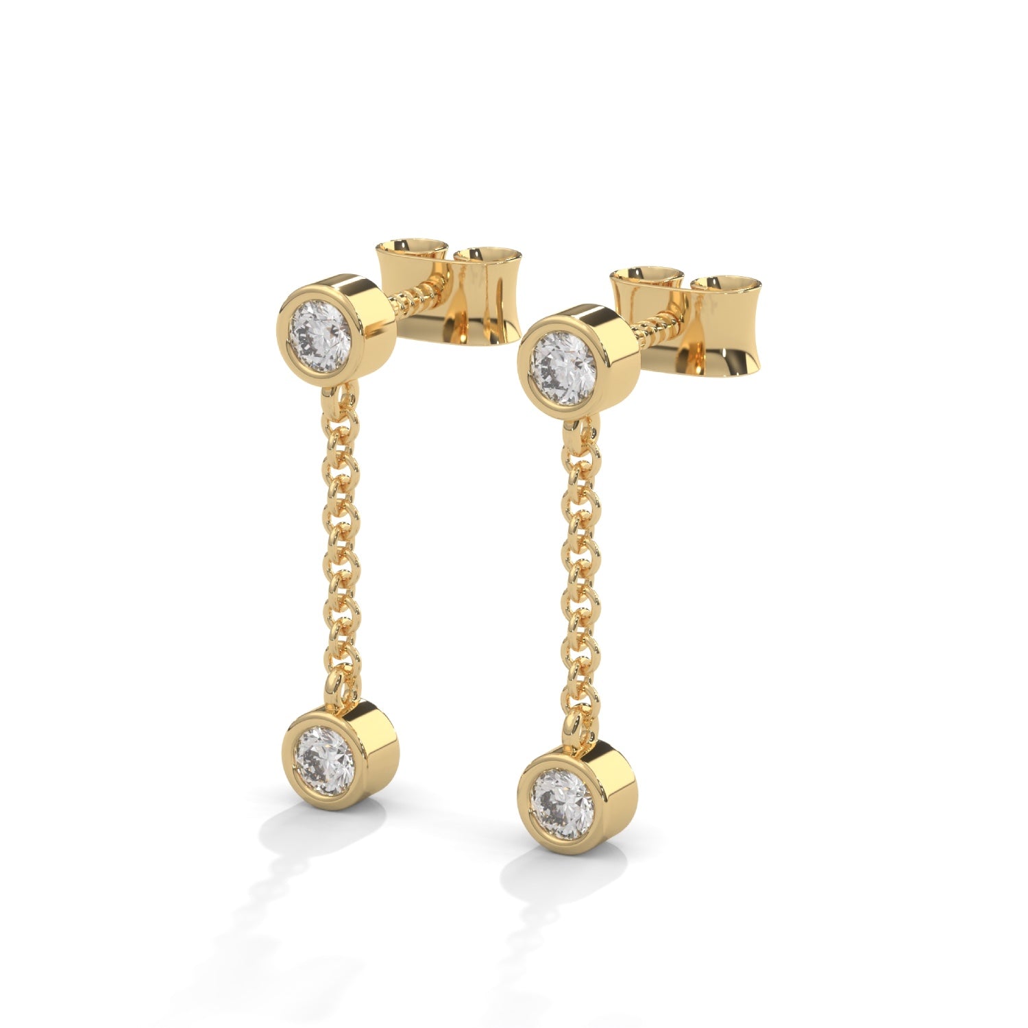 Round Brilliant Cut Lab-Grown Diamond Bezel Drop Chain Earrings in Yellow Gold