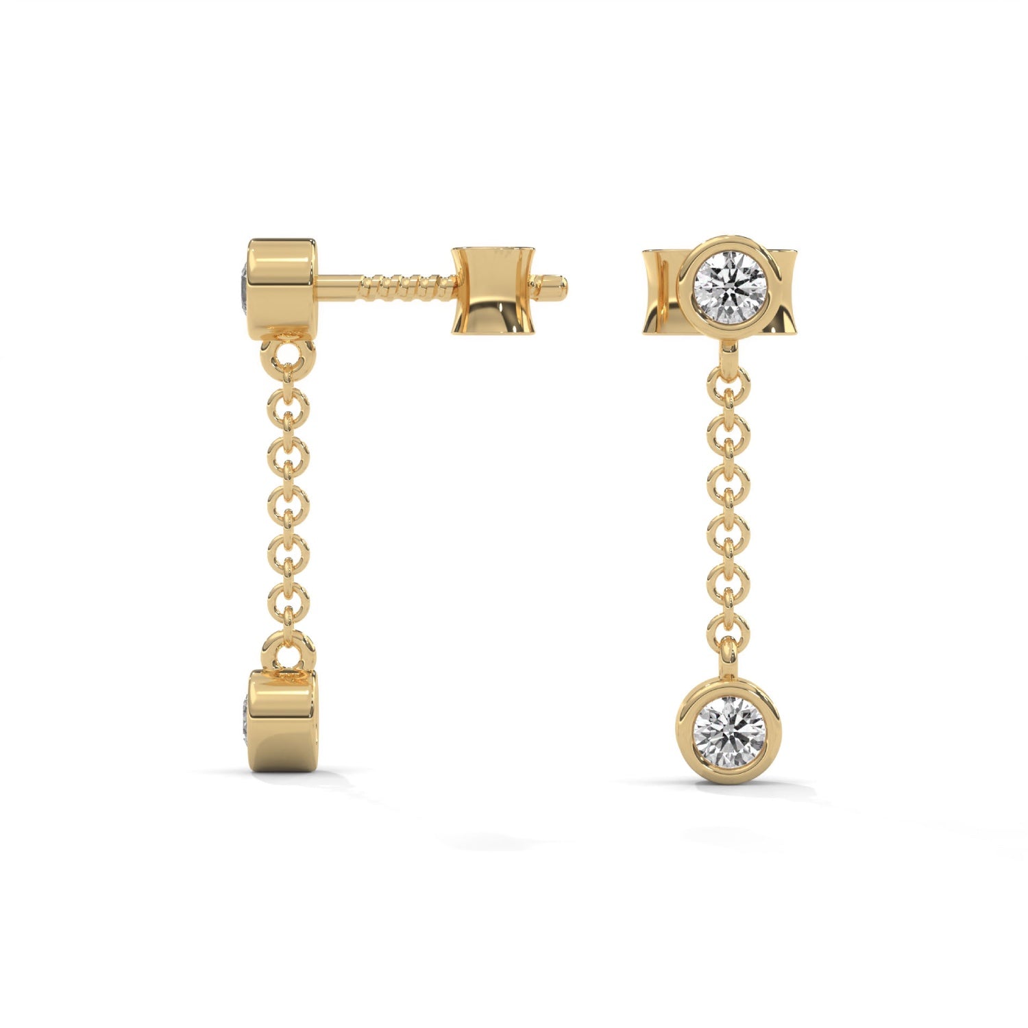 Round Brilliant Cut Lab-Grown Diamond Bezel Drop Chain Earrings in Yellow Gold