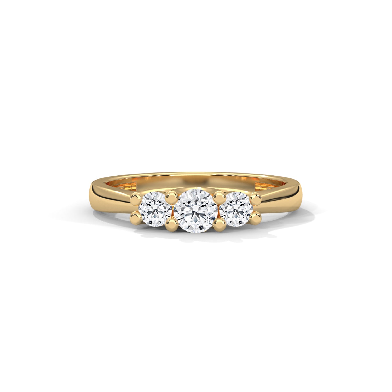 Round Brilliant Cut Lab-Grown Diamond Classic Three-Stone Engagement Ring in Yellow Gold