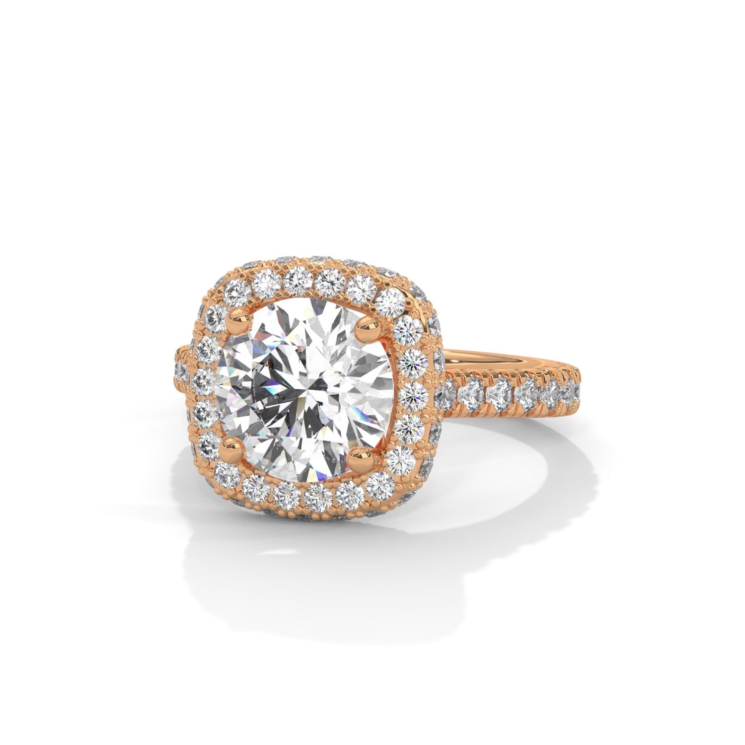 Round Brilliant Cut Lab-Grown Diamond Cushion Halo Engagement Ring in Rose Gold