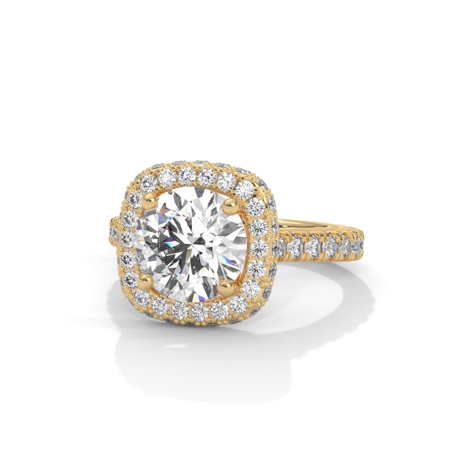 Round Brilliant Cut Lab-Grown Diamond Cushion Halo Engagement Ring in Yellow Gold