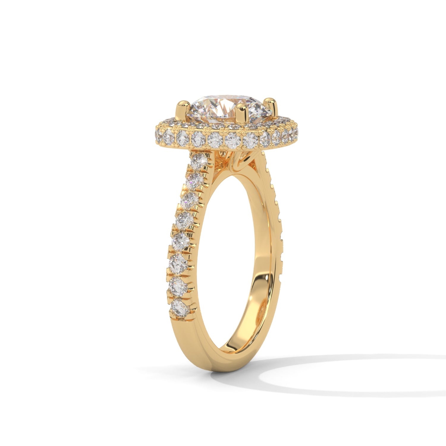Round Brilliant Cut Lab-Grown Diamond Cushion Halo Engagement Ring in Yellow Gold