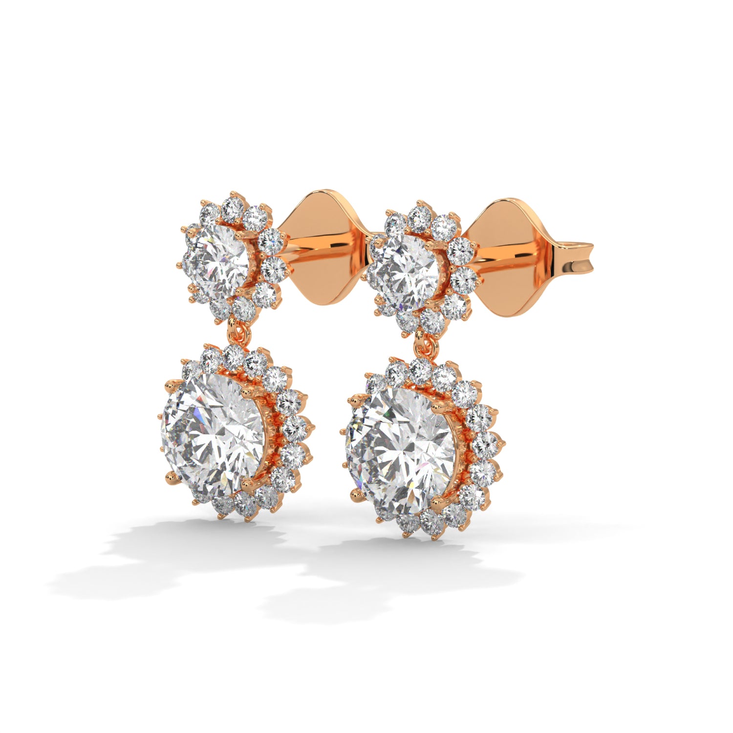Round Brilliant Cut Lab-Grown Diamond Floral Halo Drop Earrings in Rose Gold