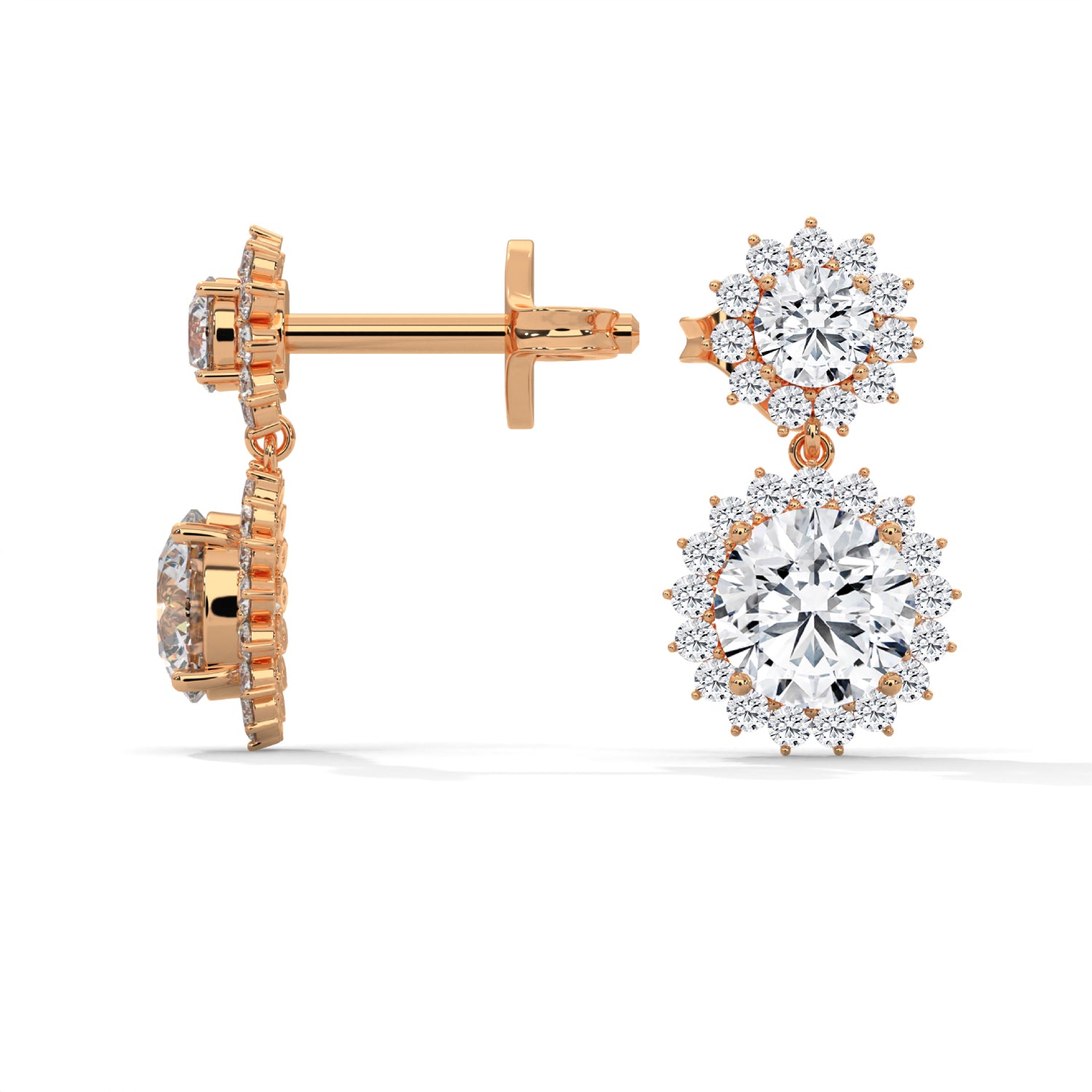 Round Brilliant Cut Lab-Grown Diamond Floral Halo Drop Earrings in Rose Gold