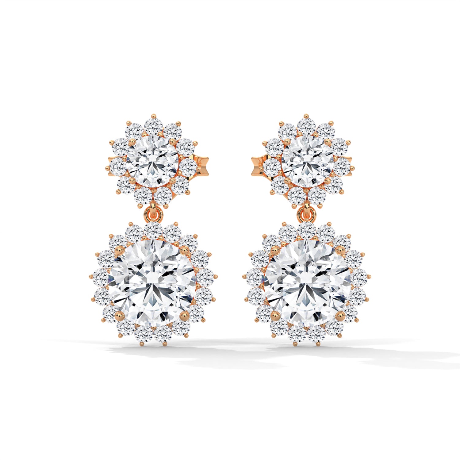 Round Brilliant Cut Lab-Grown Diamond Floral Halo Drop Earrings in Rose Gold