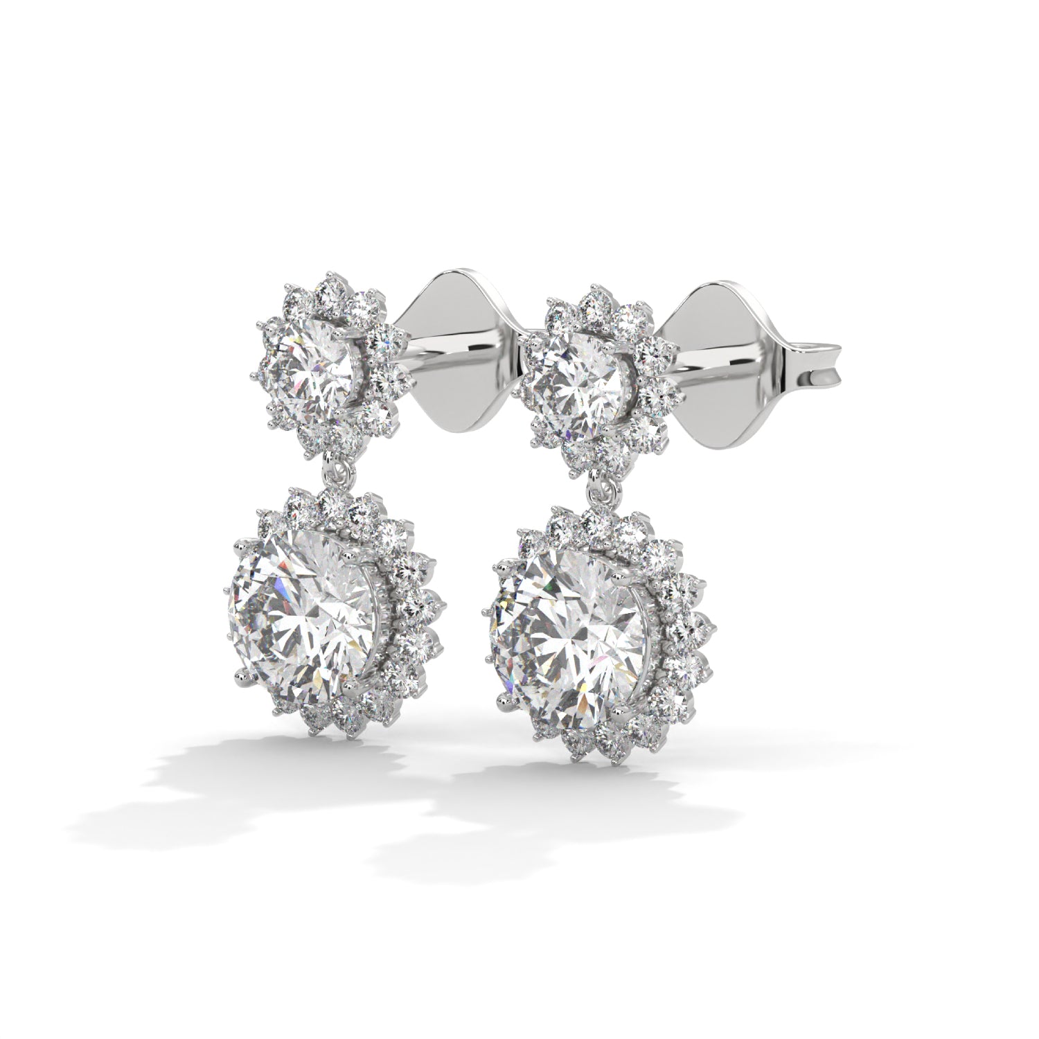 Round Brilliant Cut Lab-Grown Diamond Floral Halo Drop Earrings in White Gold