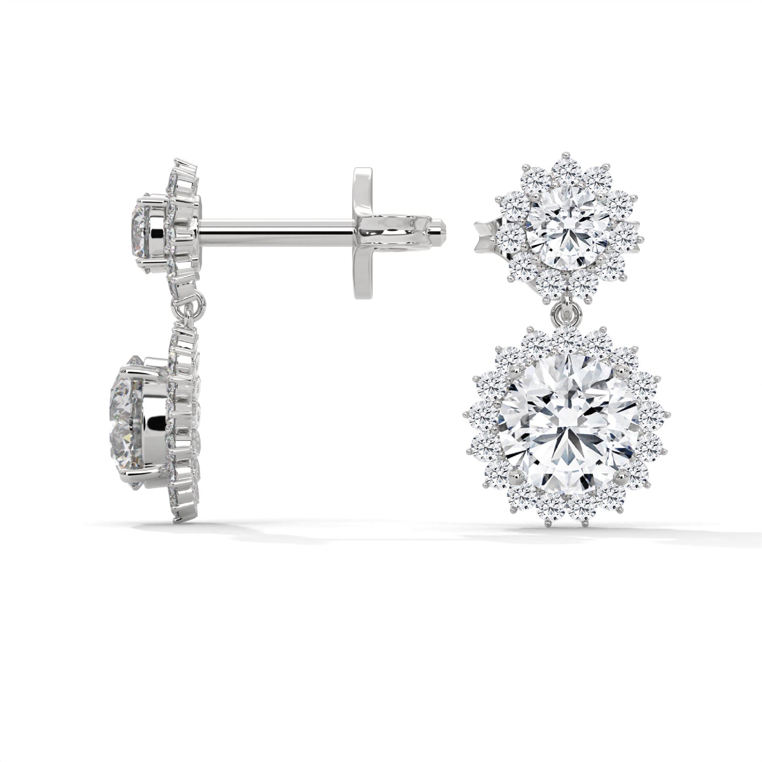 Round Brilliant Cut Lab-Grown Diamond Floral Halo Drop Earrings in White Gold