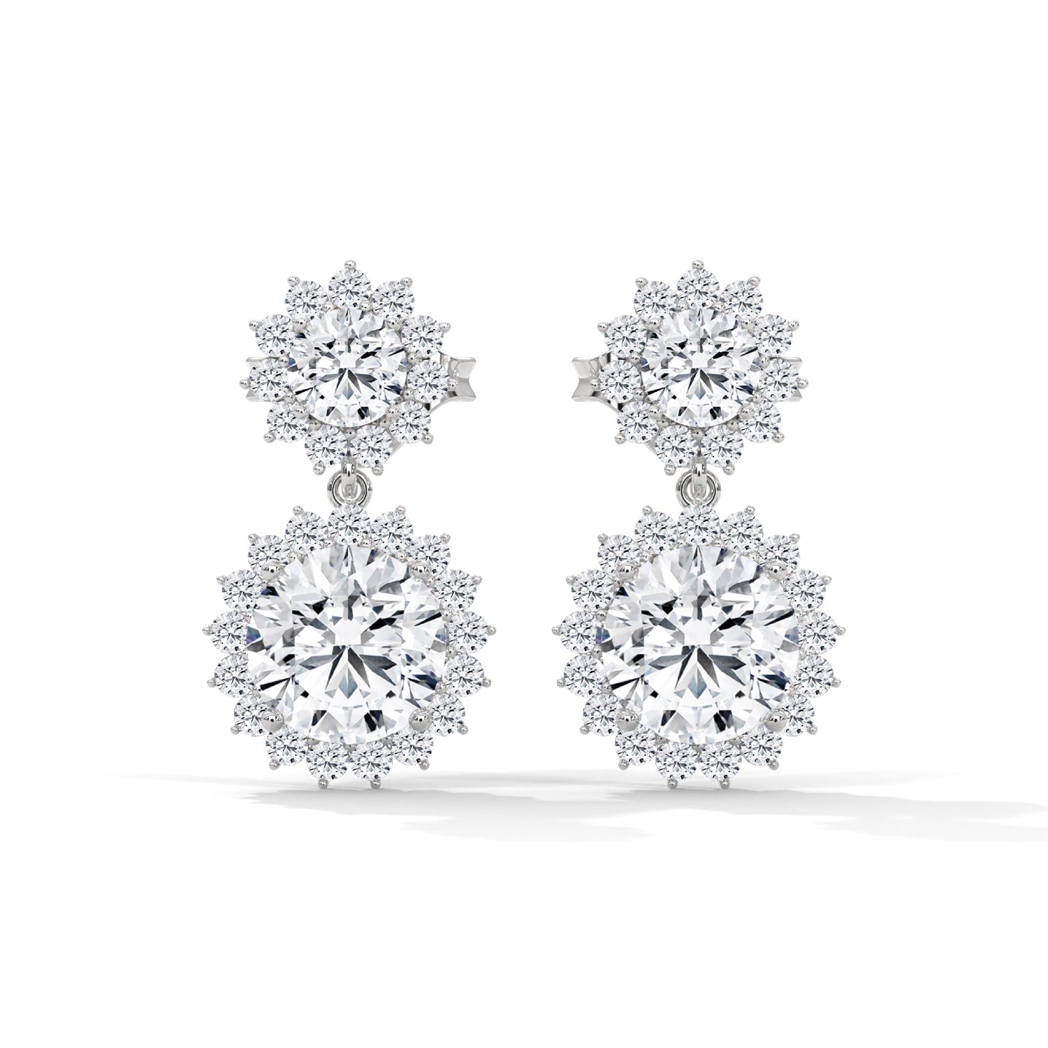 Round Brilliant Cut Lab-Grown Diamond Floral Halo Drop Earrings in White Gold