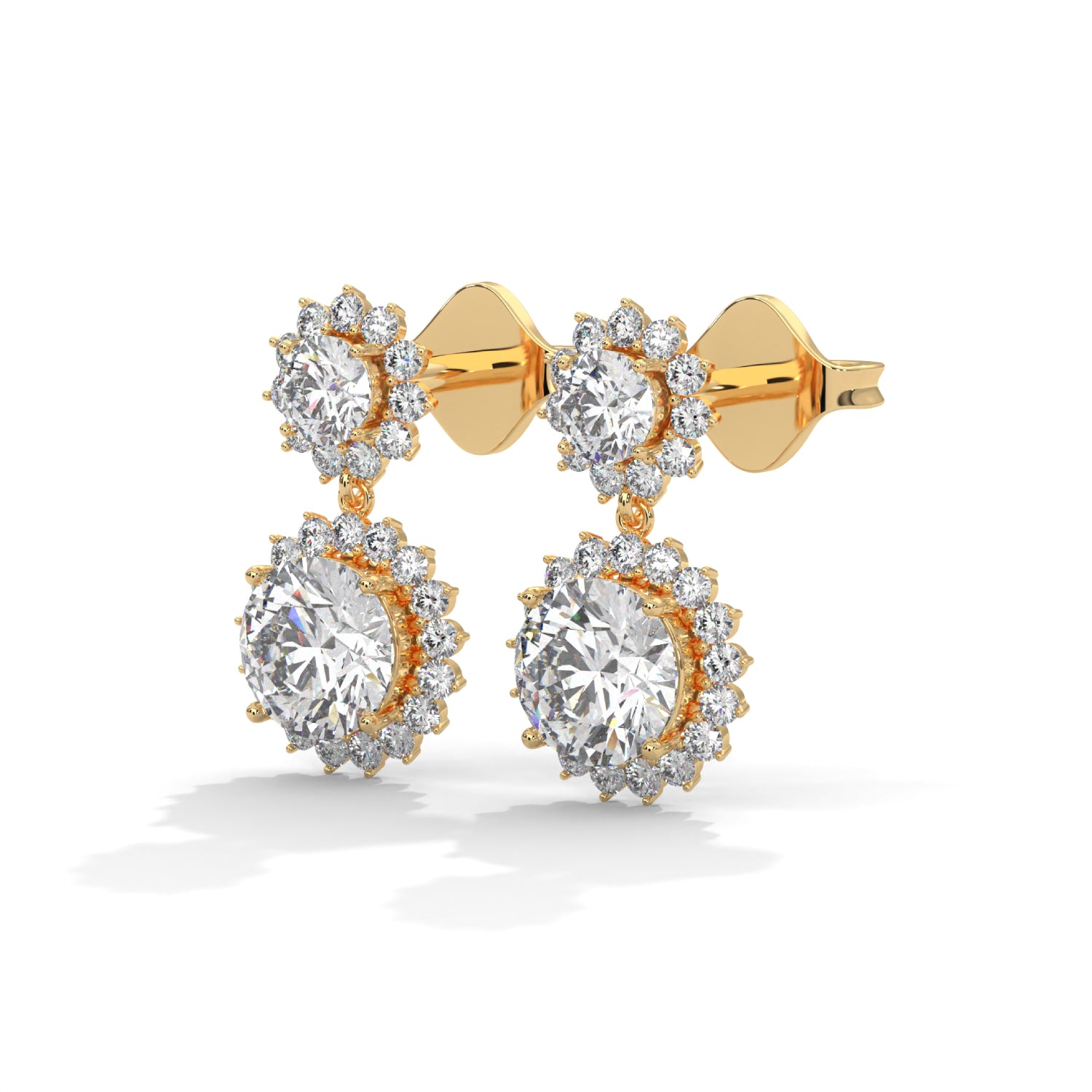 Round Brilliant Cut Lab-Grown Diamond Floral Halo Drop Earrings in Yellow Gold