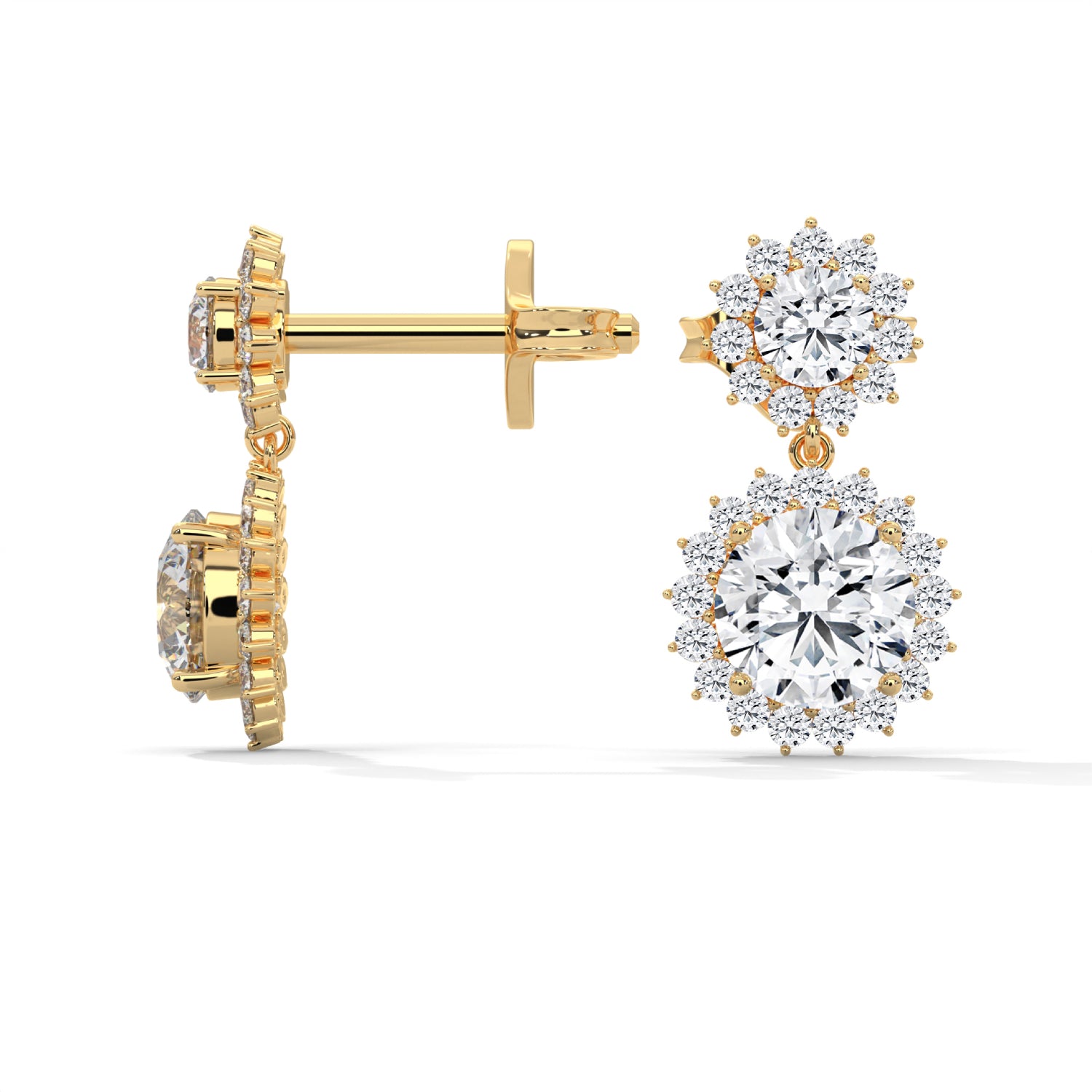 Round Brilliant Cut Lab-Grown Diamond Floral Halo Drop Earrings in Yellow Gold