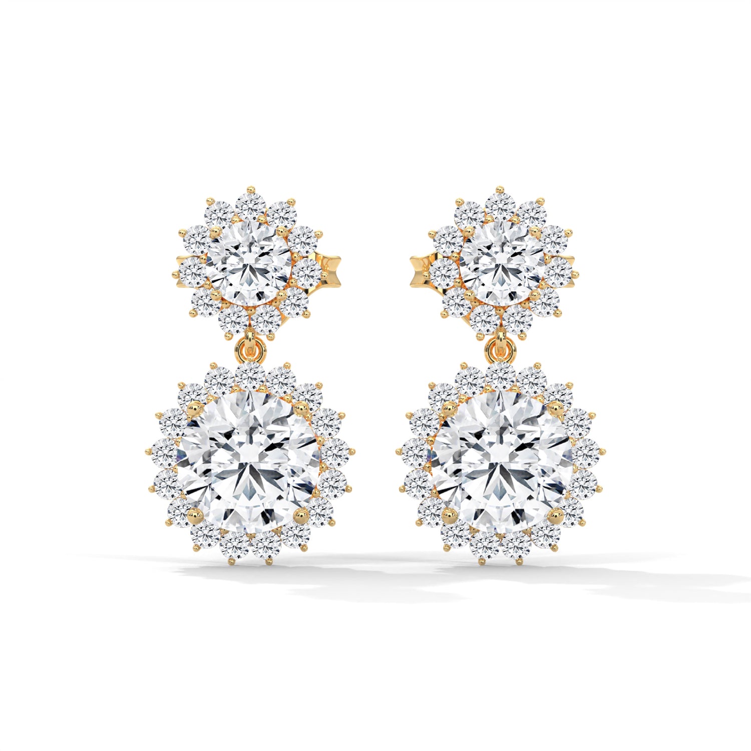 Round Brilliant Cut Lab-Grown Diamond Floral Halo Drop Earrings in Yellow Gold