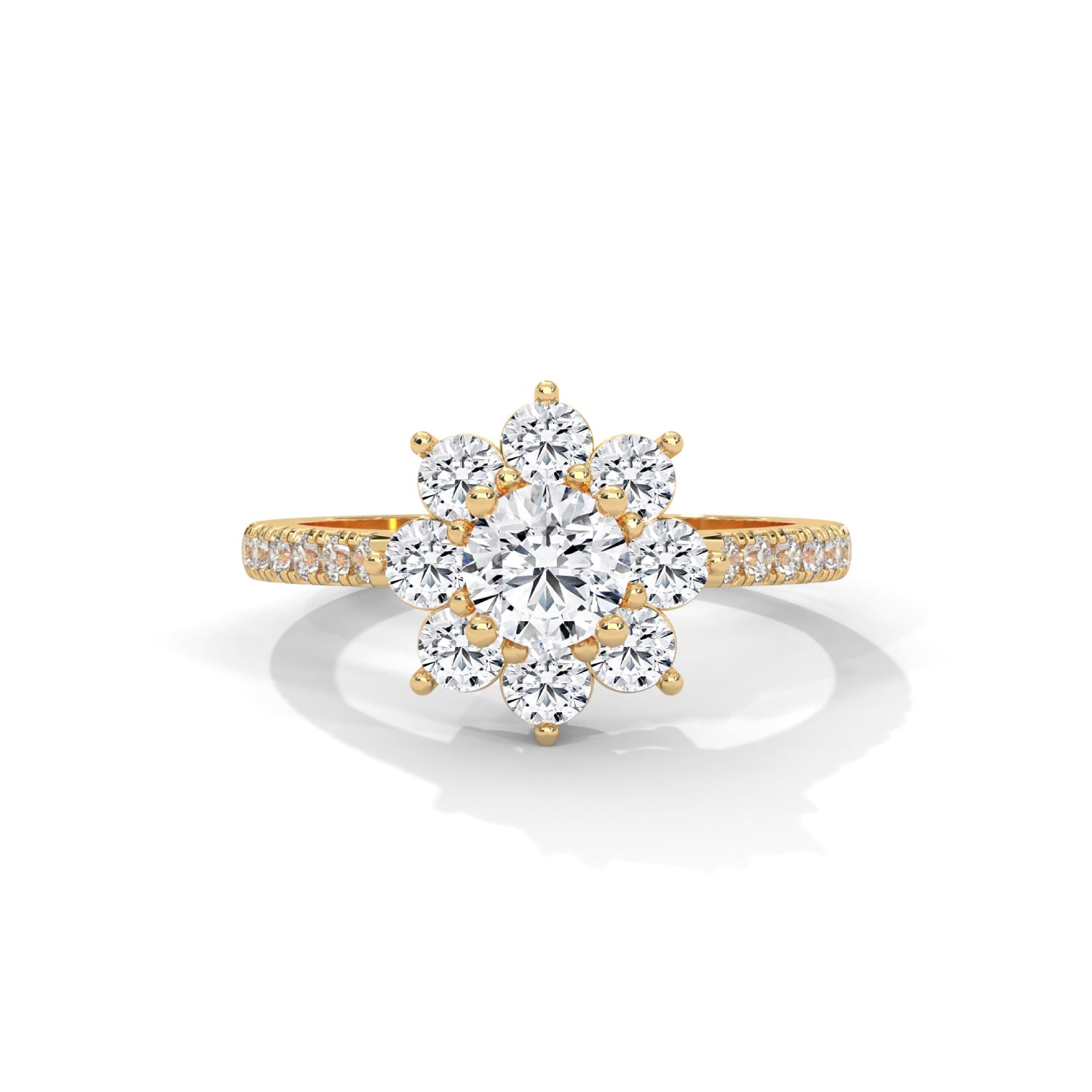Round Brilliant Cut Lab-Grown Diamond Floral Halo Engagement Ring in Yellow Gold