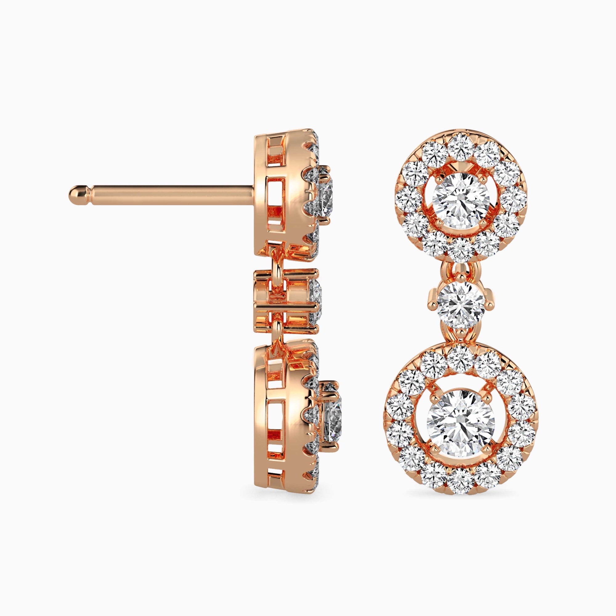 Round Brilliant Cut Lab-Grown Diamond Halo Drop Earrings in Rose Gold