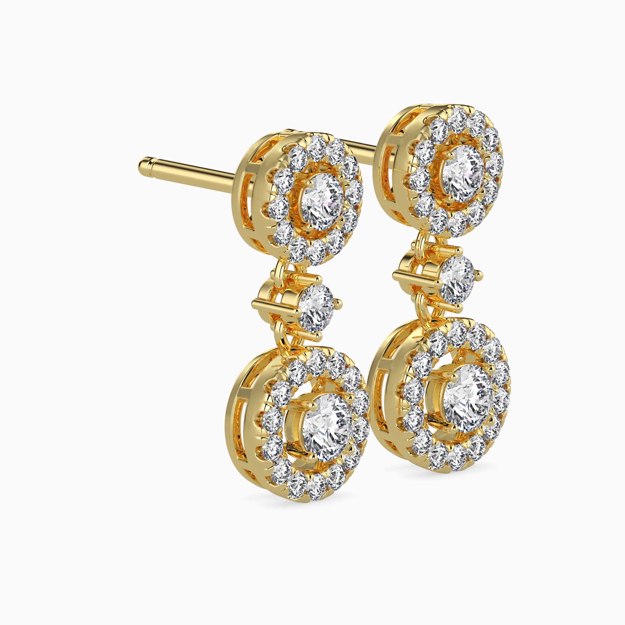 Round Brilliant Cut Lab-Grown Diamond Halo Drop Earrings in Yellow Gold